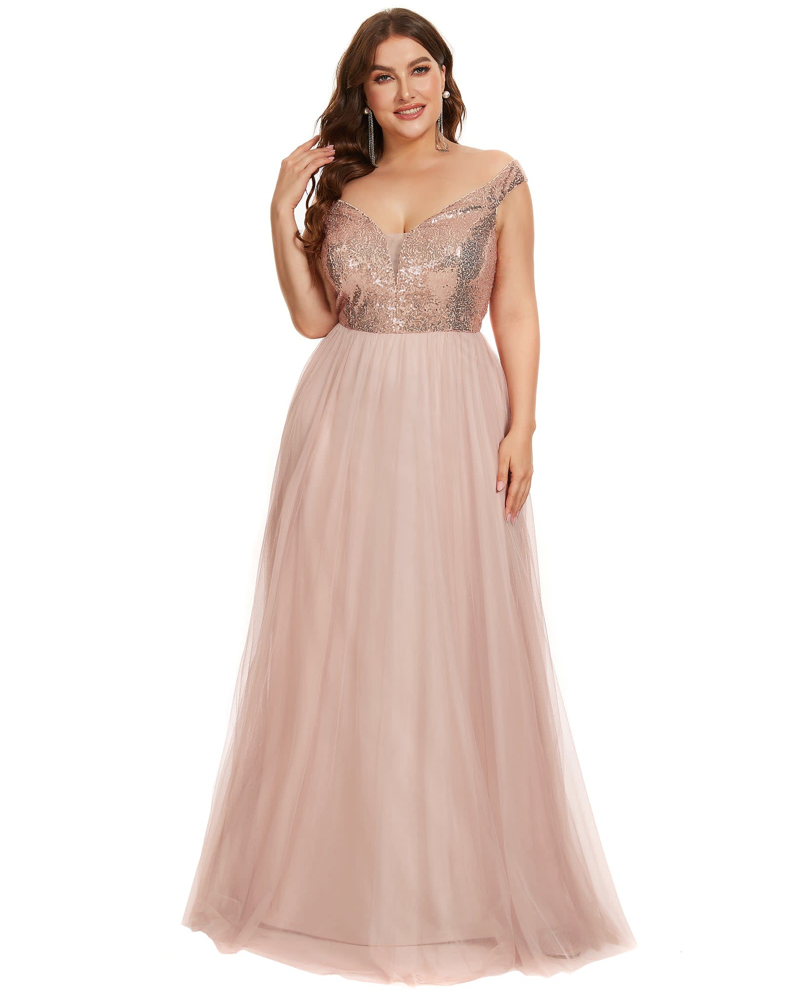 Sequin Off the Shoulder Maxi Tulle Evening Dress | Rose Gold
