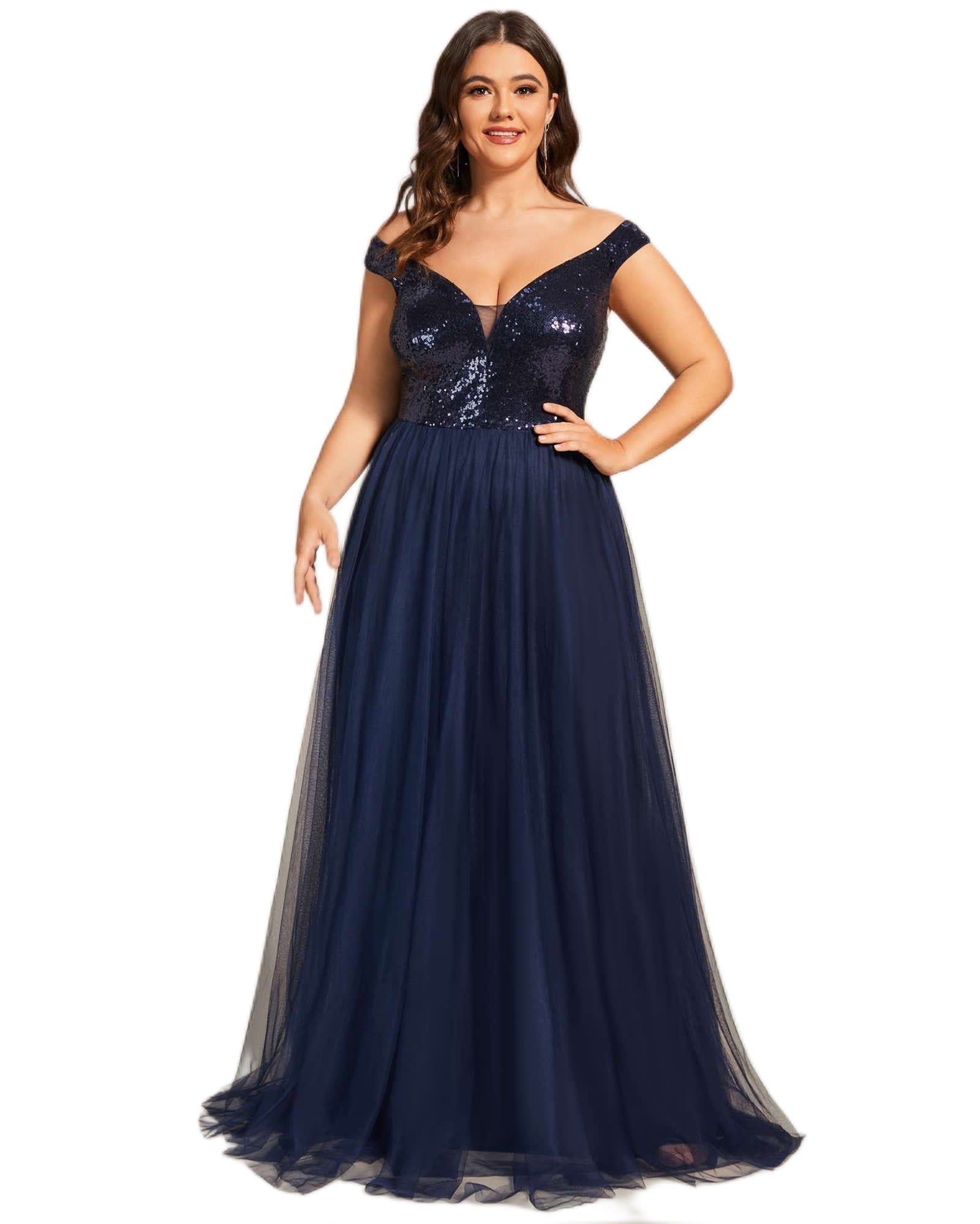 Sequin Off the Shoulder Maxi Tulle Evening Dress | Navy Blue