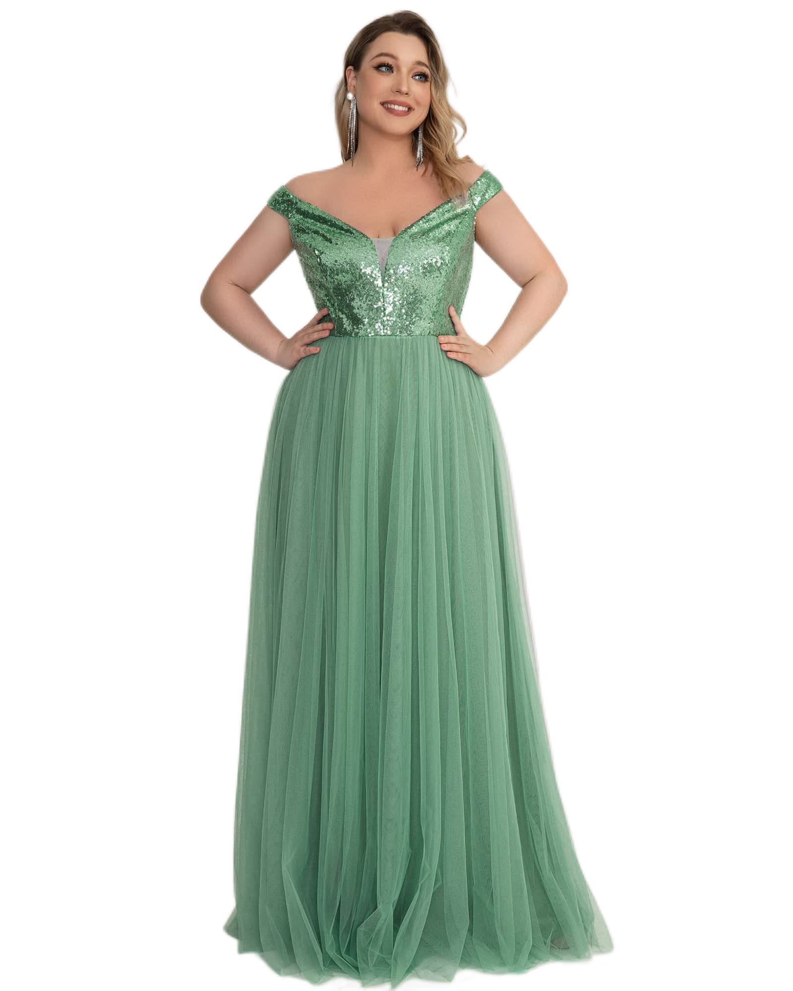 Sequin Off the Shoulder Maxi Tulle Evening Dress | Green Bean