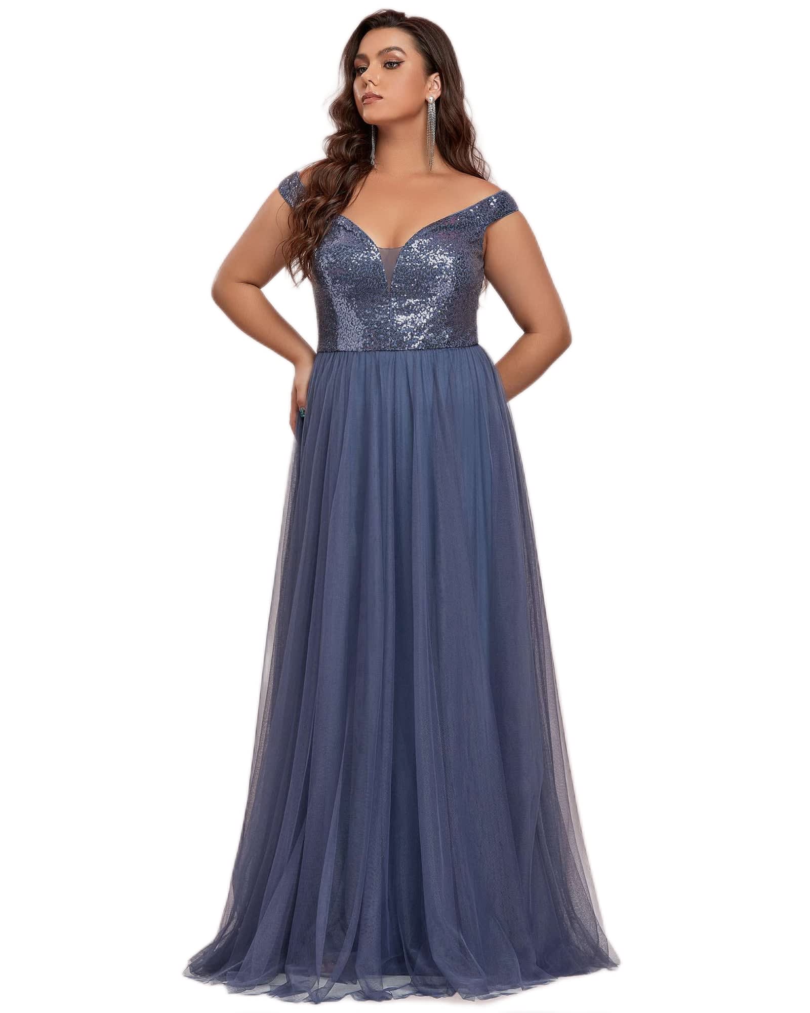 Sequin Off the Shoulder Maxi Tulle Evening Dress | Dusty Navy