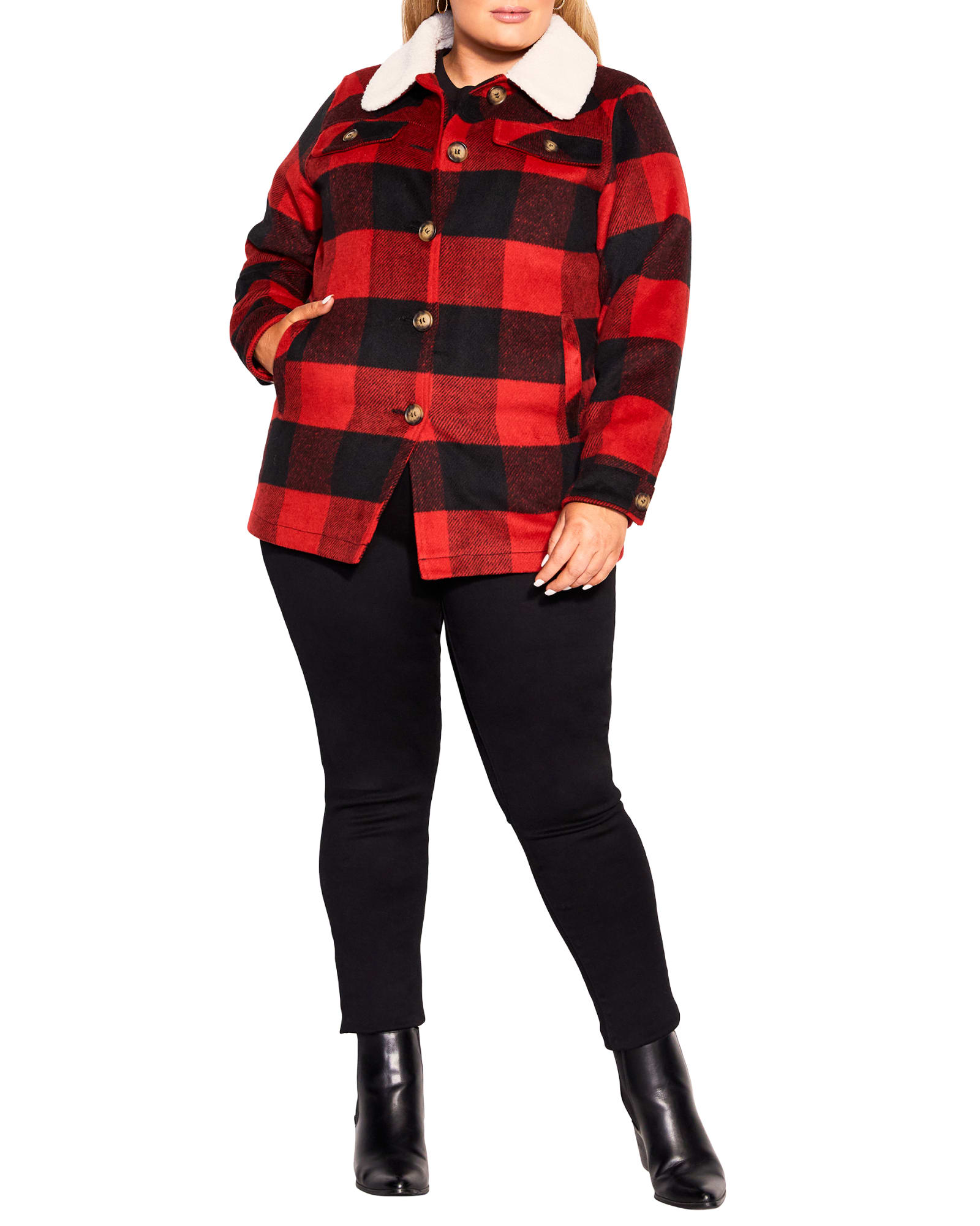 Plaid Faux Wool Jacket | Black / Red