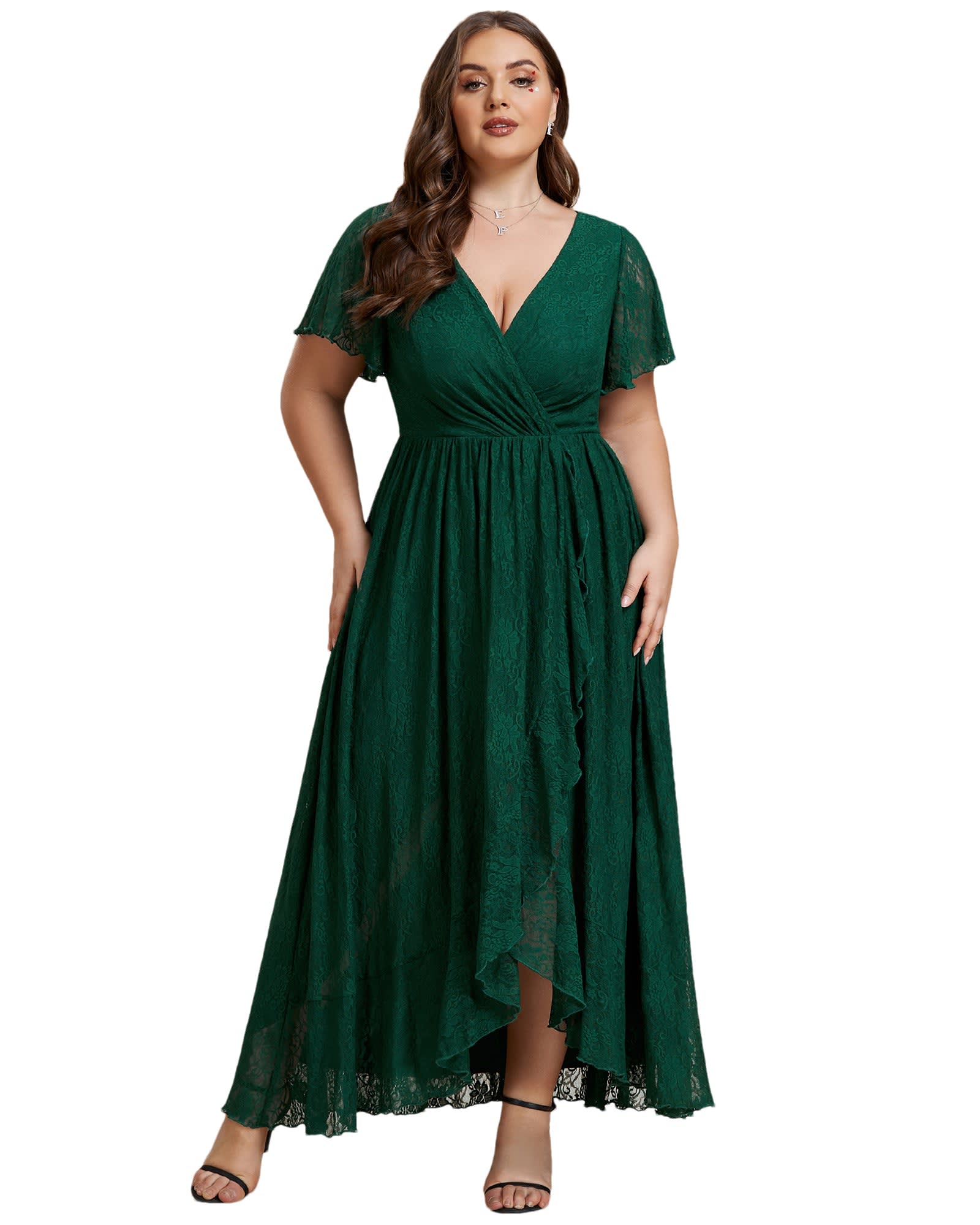 Short Sleeve Ruffled V-Neck A-Line Lace Evening Dress | Dark Green