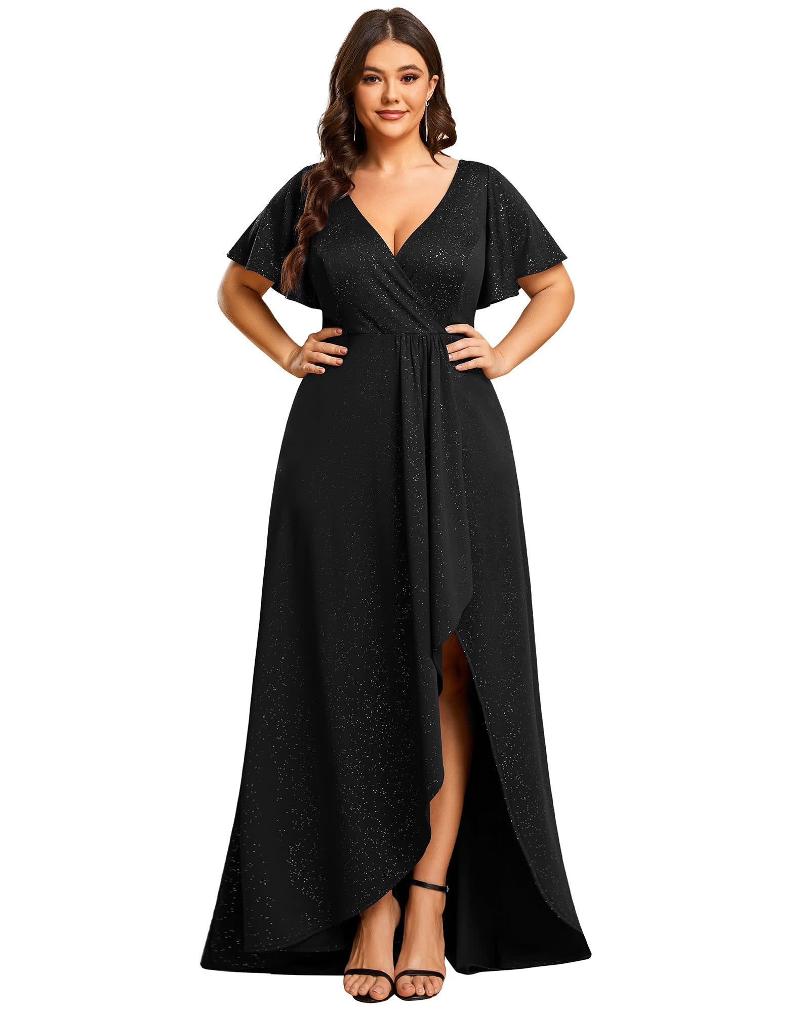 Glitter High-Low Front Side Slit Ruffled V-Neck Evening Dress | Black