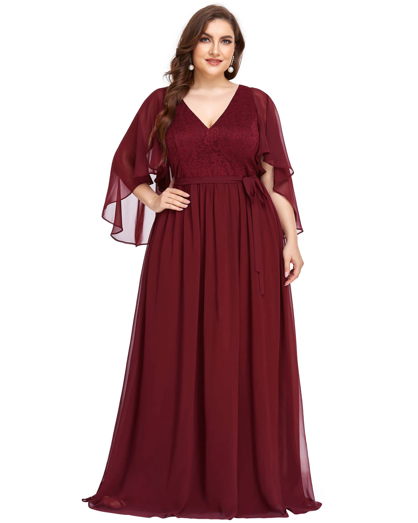 Deep V Neck Lace Bodice Long Flowy Evening Dress | Burgundy