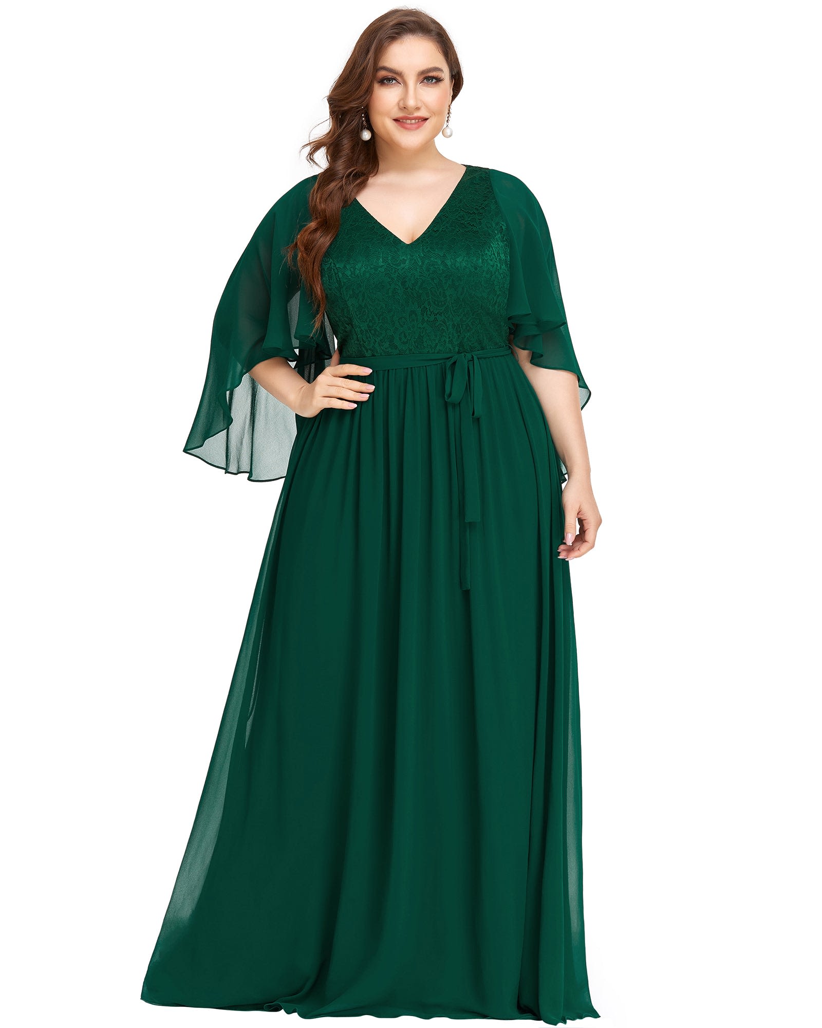 Deep V Neck Lace Bodice Long Flowy Evening Dress | Dark Green