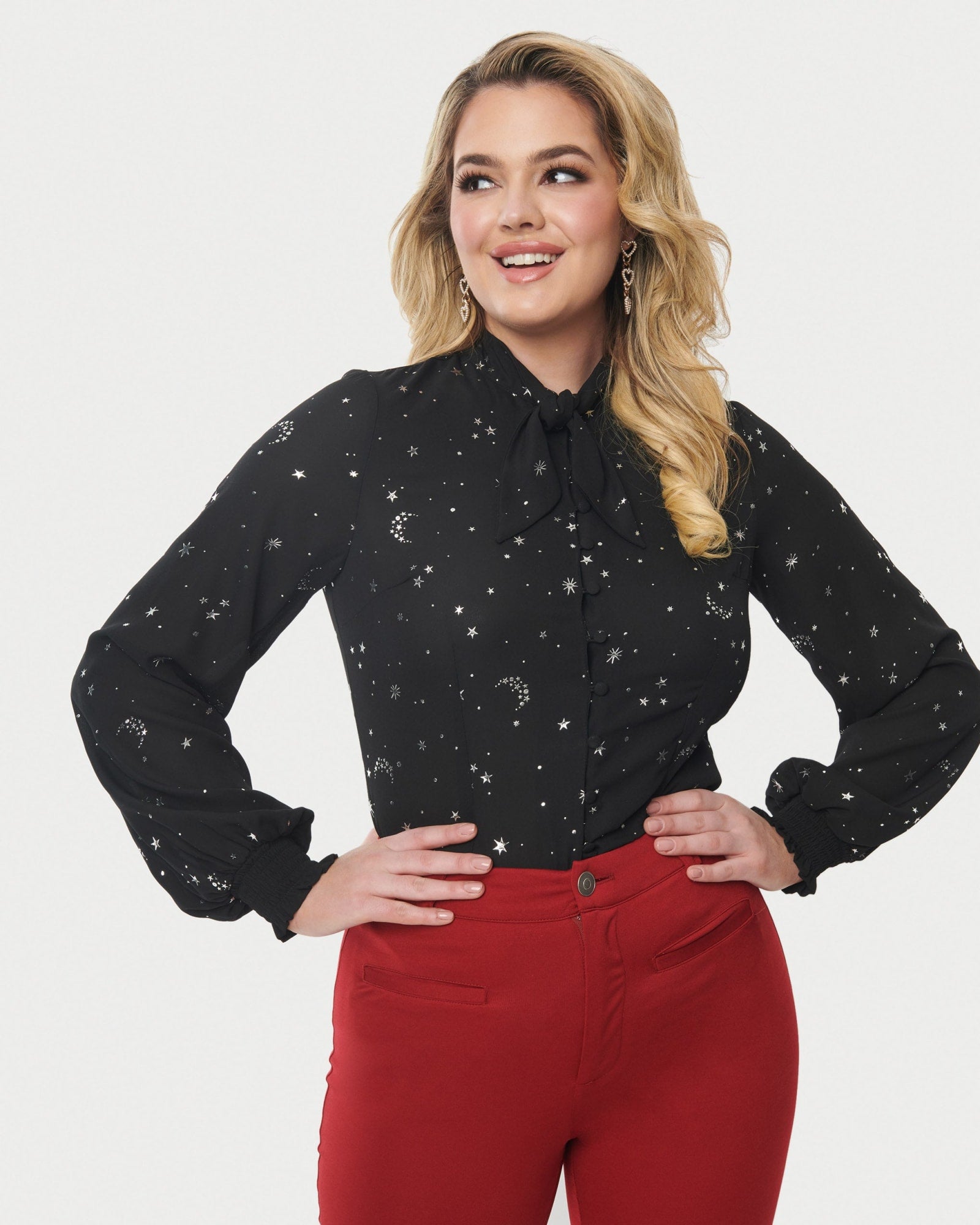 Unique Vintage Black Moon Star Print Blouse | Black/ Silver Stars