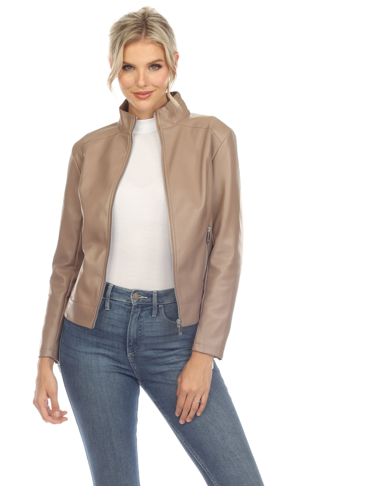 Women's Classic Biker Faux Leather Jacket | Taupe