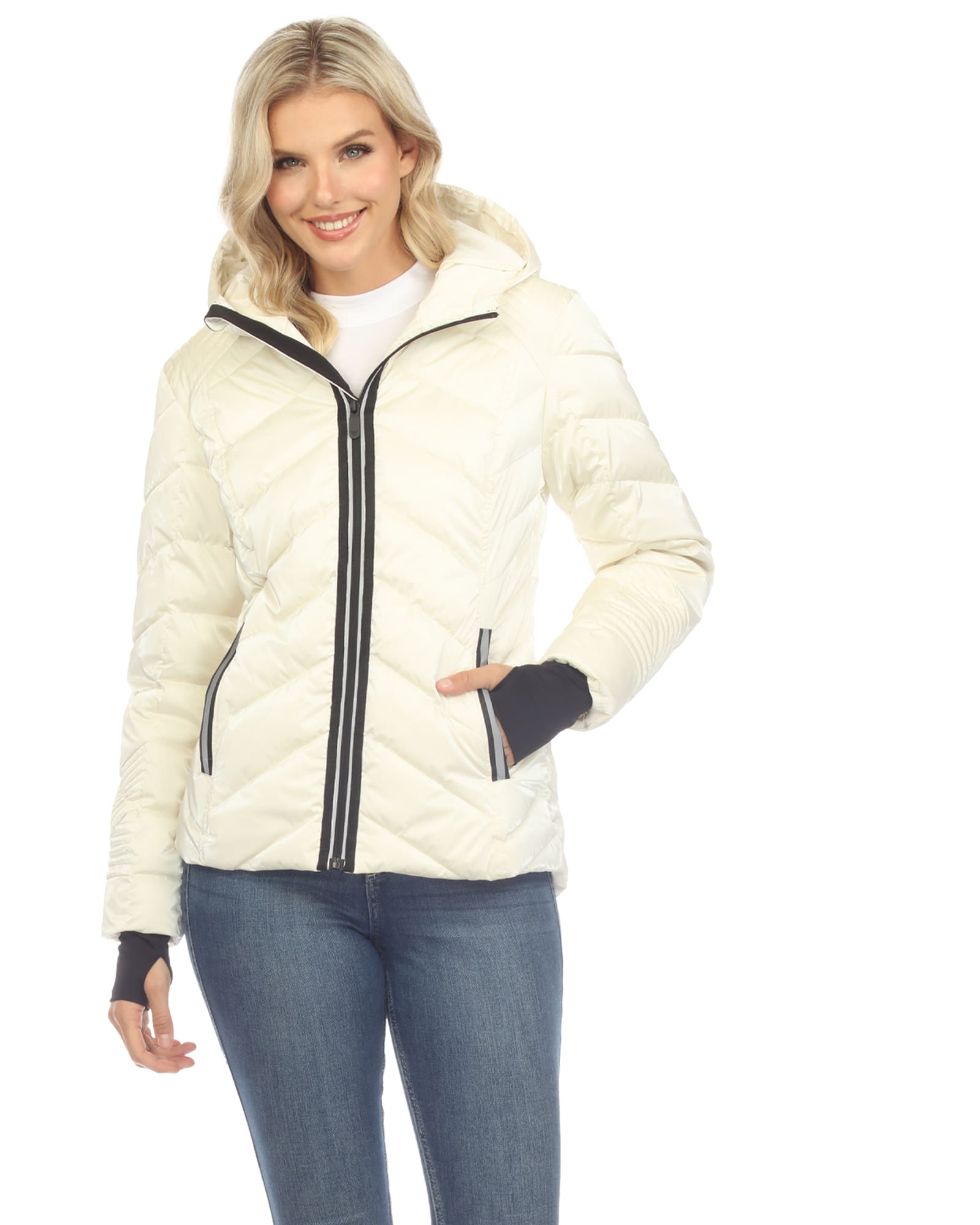 Women's Midweight Quilted Contrast With Thumbholes Hooded Jacket | White