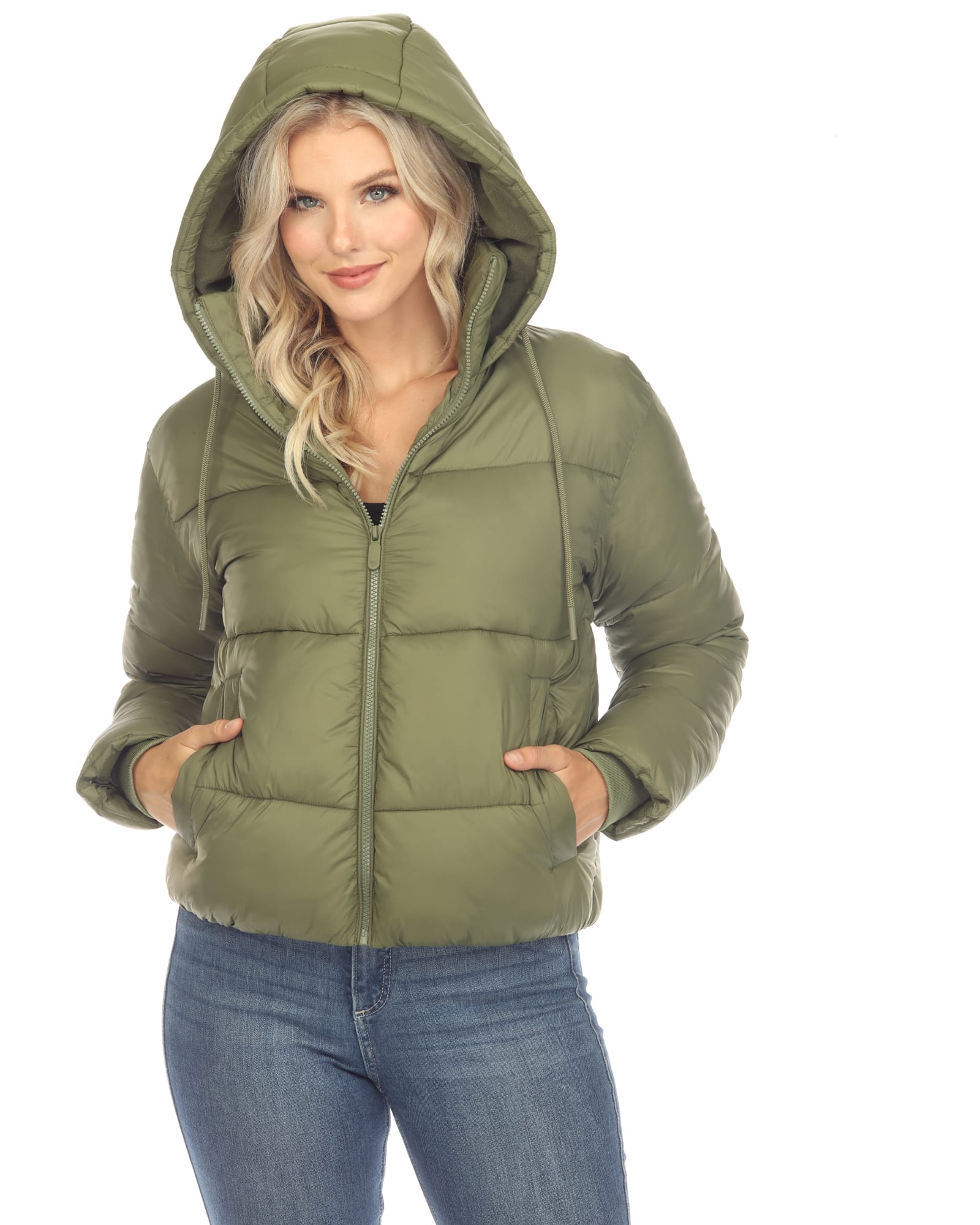 Women's Full Front Zip Hooded Bomber Puffer Coat | Olive