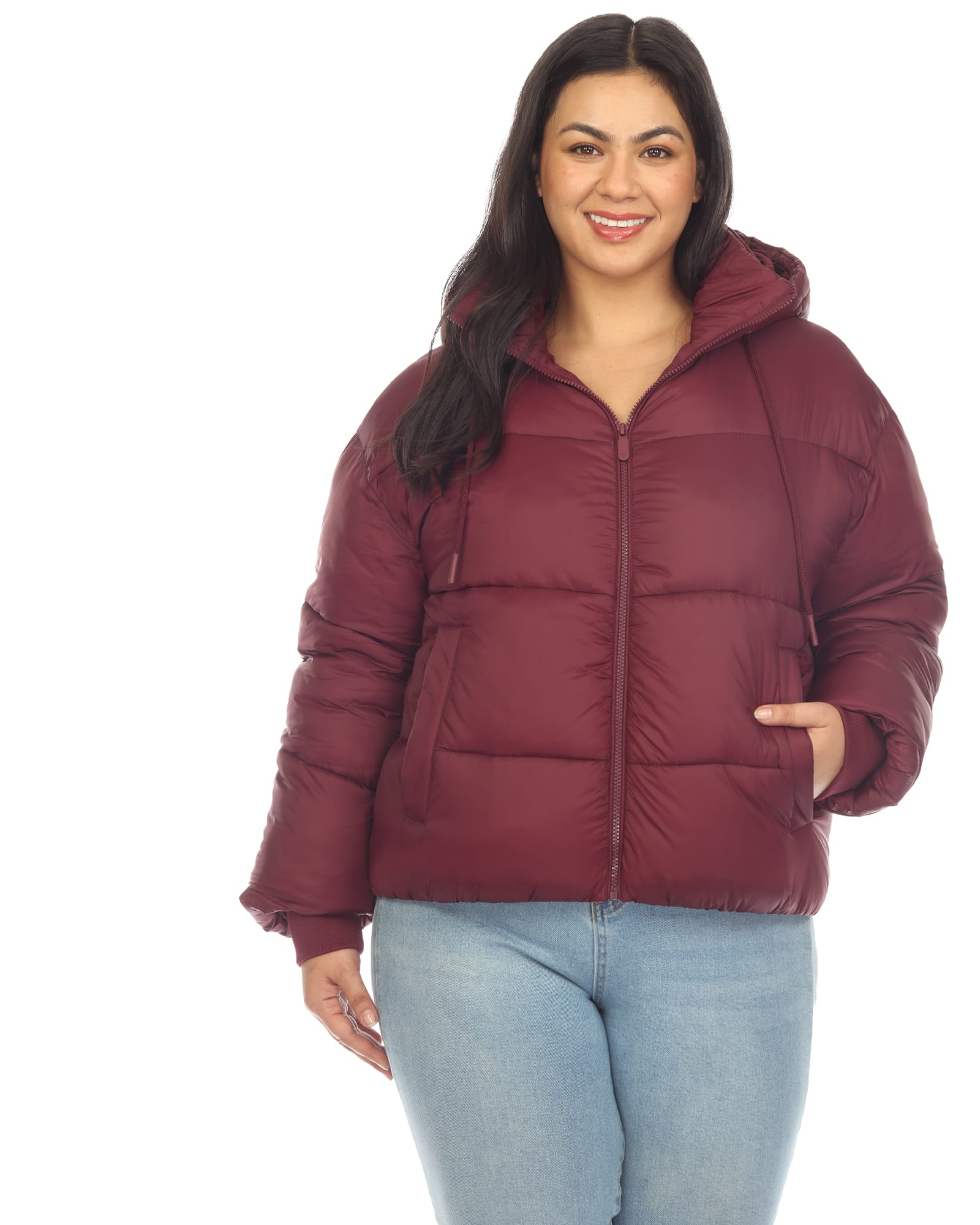 Women's Full Front Zip Hooded Bomber Puffer Coat | Burgundy