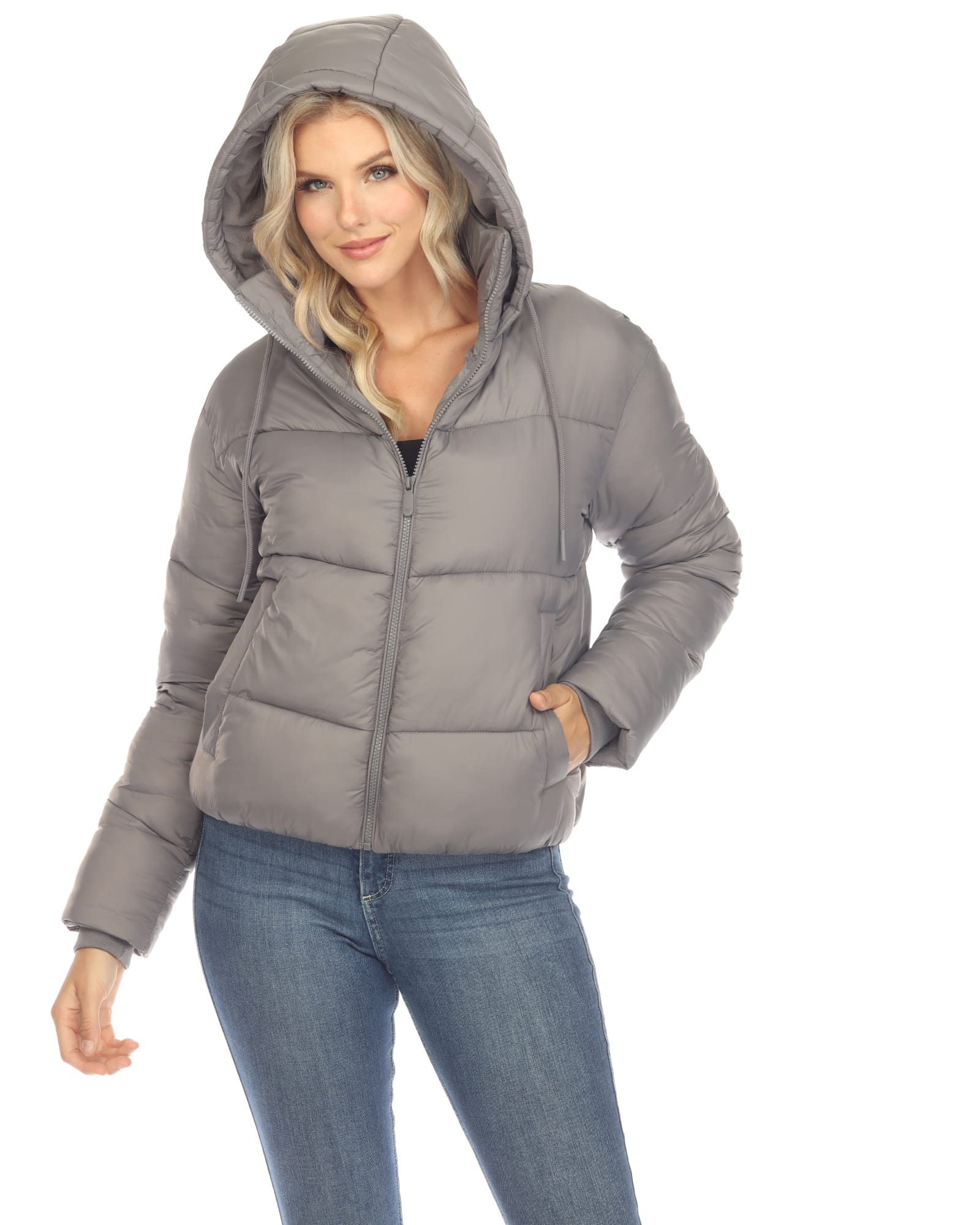 Women's Full Front Zip Hooded Bomber Puffer Coat | Grey