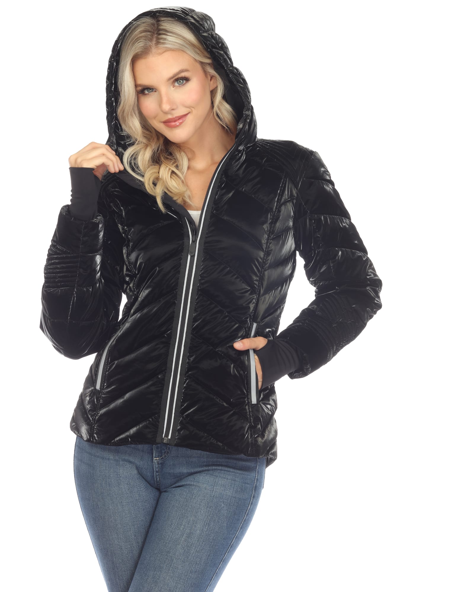 Women's Midweight Quilted Contrast With Thumbholes Hooded Jacket | Black