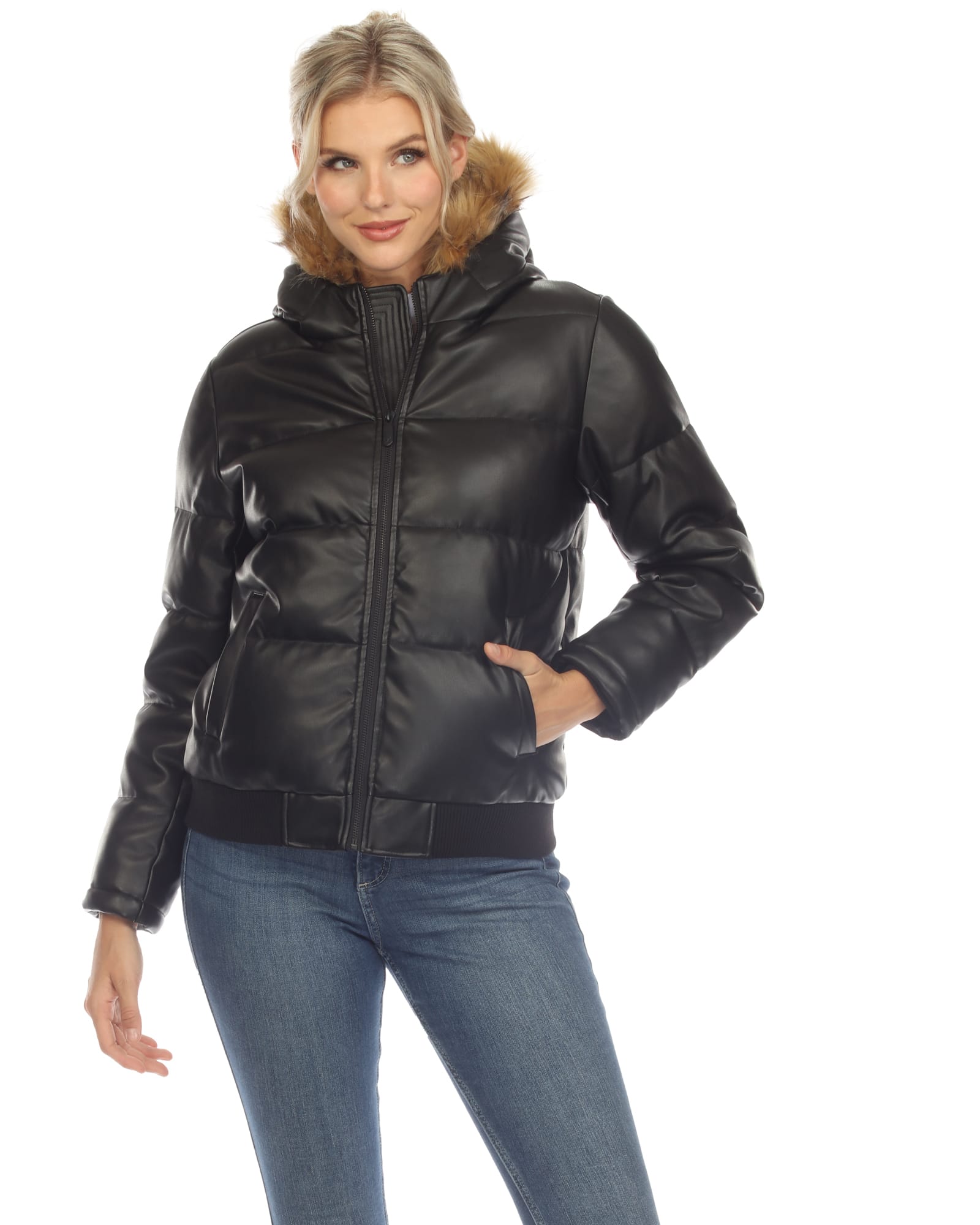 Women's Removable Fur Hoodie Bomber Leather Jacket | Black