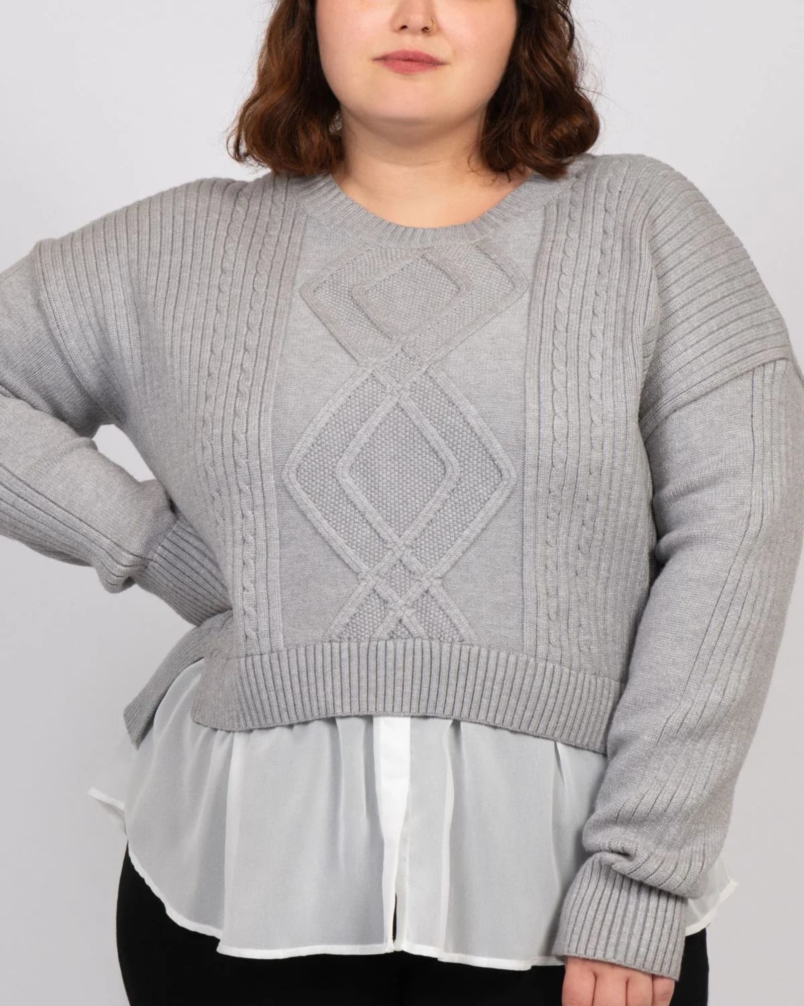 Ophelia Faux Layered Knit Sweater Shirt Effect | Grey