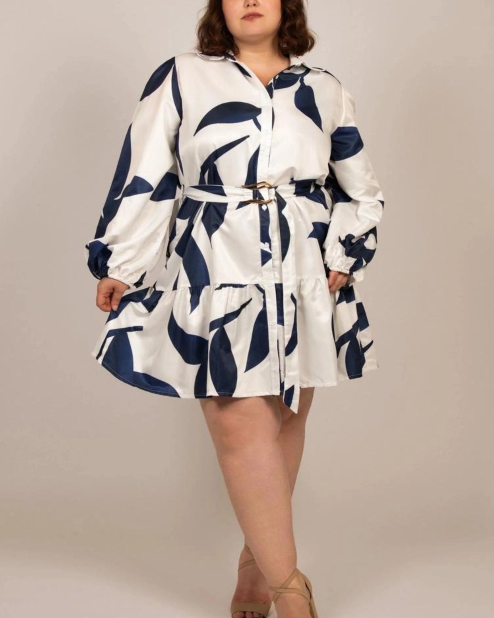 Manon Shirt Dress Belted Puffy Sleeves White | Navy
