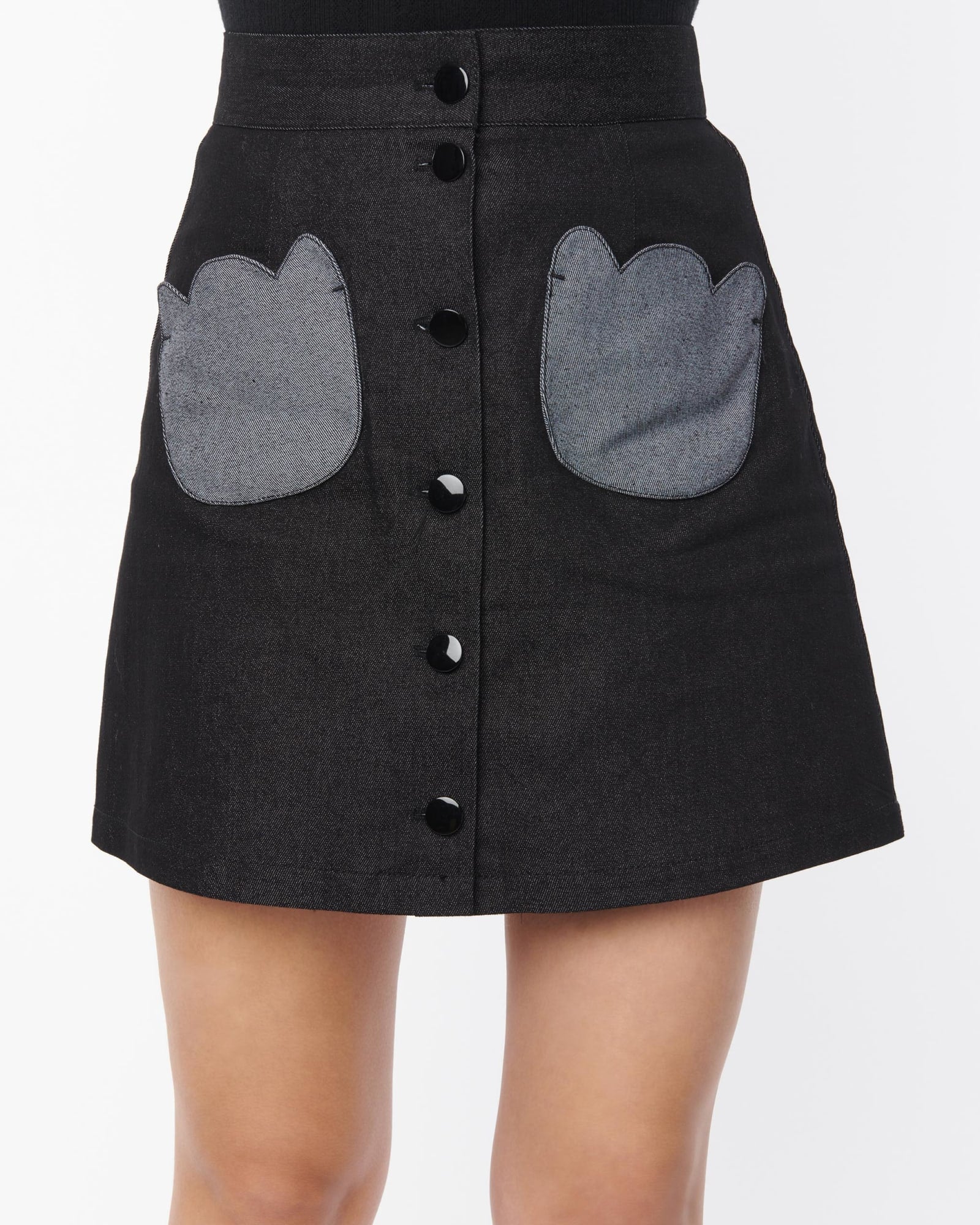 Smak Parlour Black Denim Tulip Patch Pocket Skirt | Black
