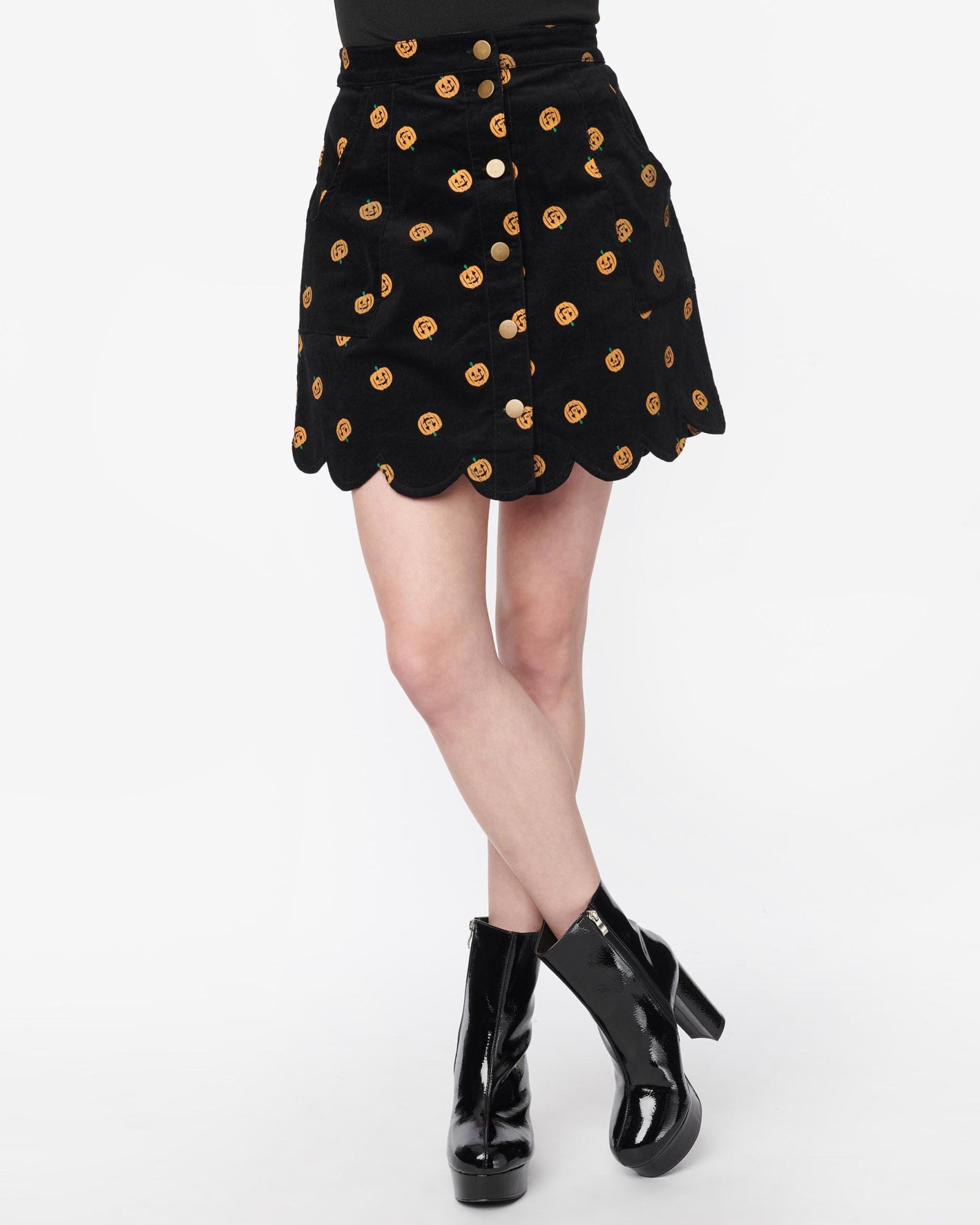 Smak Parlour Black Corduroy & Pumpkin Stamp Campus Mini Skirt | Black