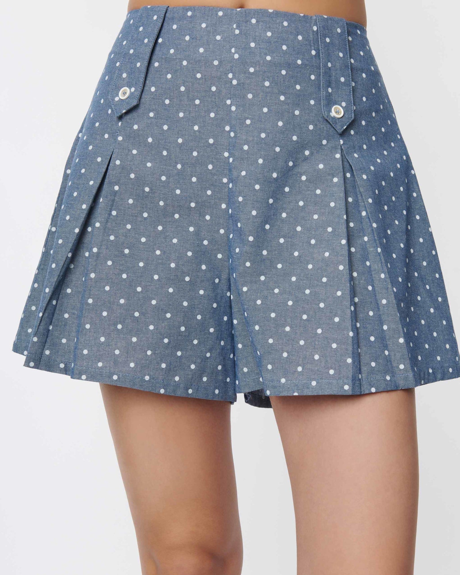Smak Parlour Chambray & White Polka Dot Box Pleated Shorts | Blue, Polka Dot