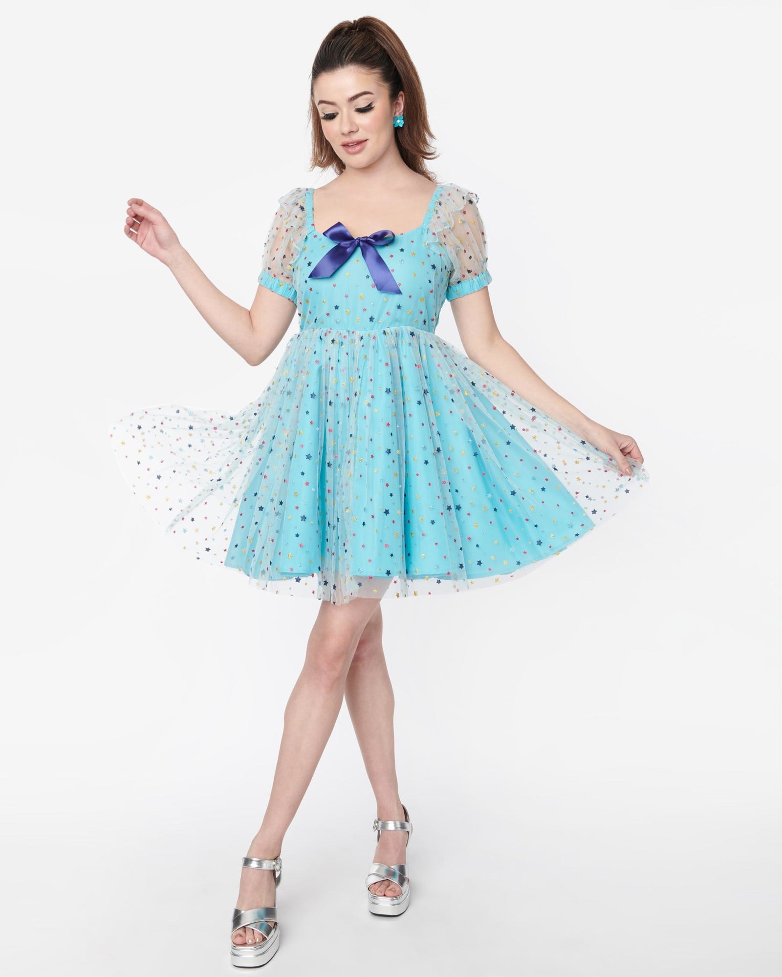 Smak Parlour Blue & Multi Star Puff Sleeve Babydoll Dress | Blue, Rainbow, Polka Dots