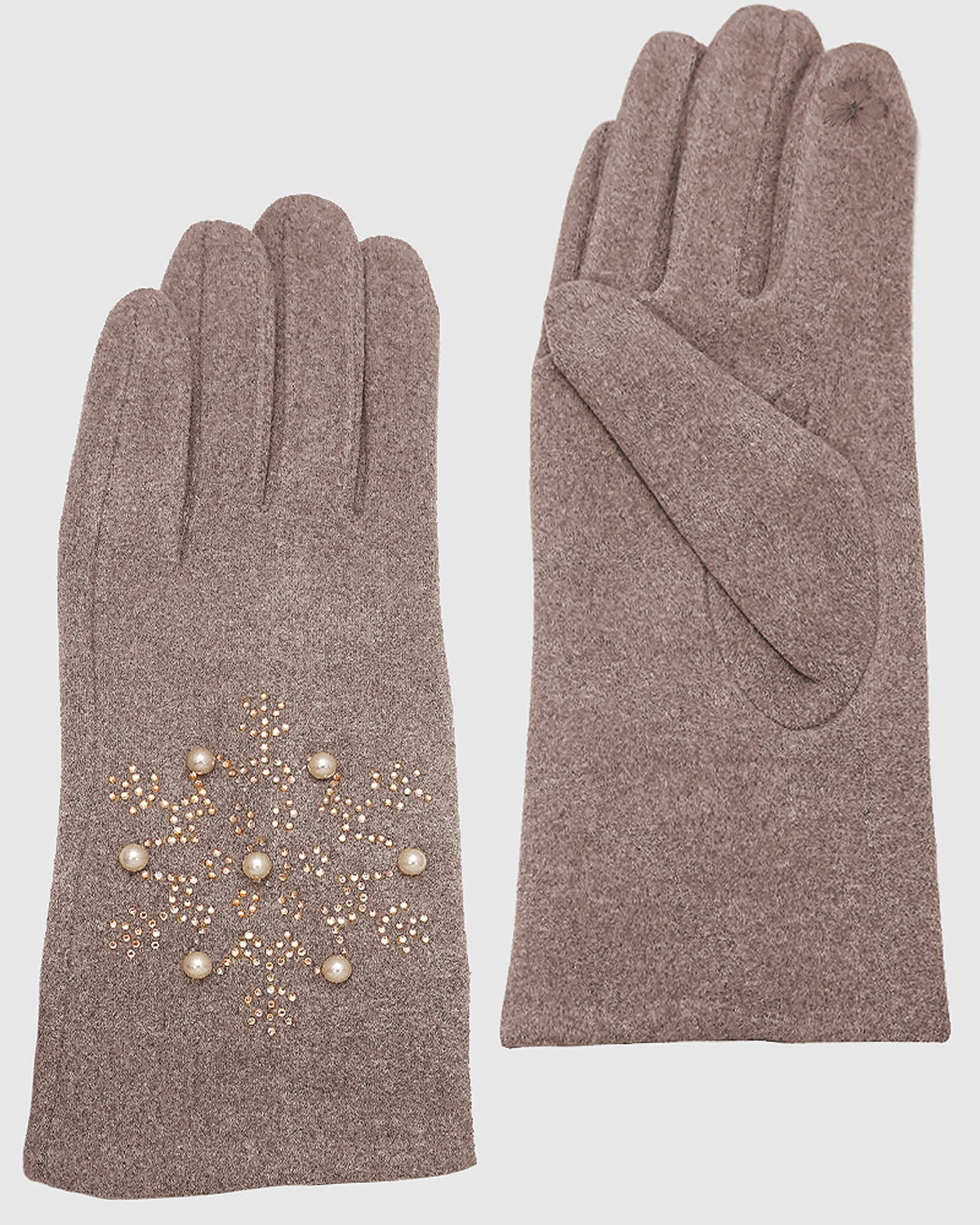 Pearl Beads In Snowflake Touchscreen Gloves Taupe | TAUPE
