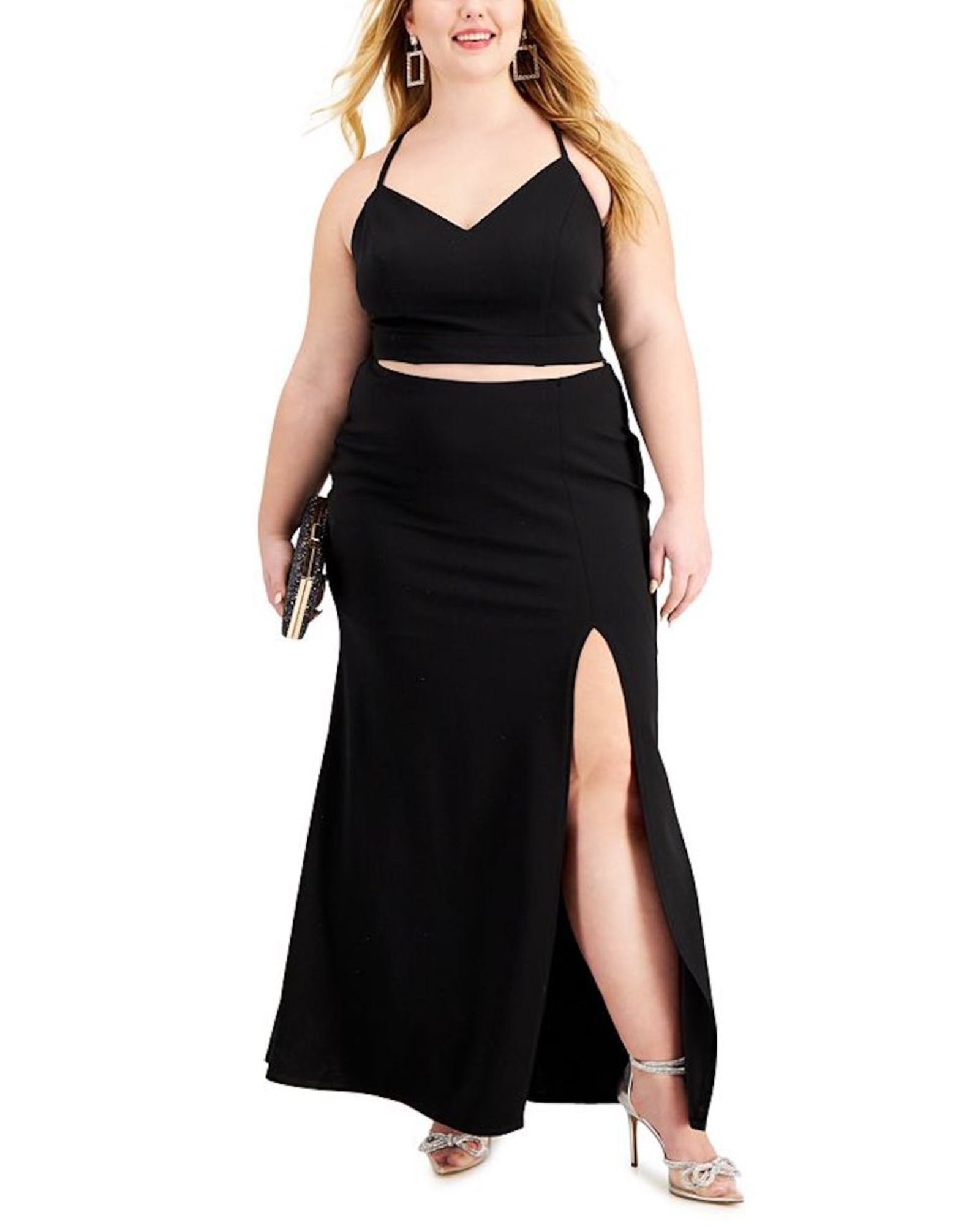 B Darlin Women's Slitted Zippered Full Length Formal A Line Skirt Plus Black Size 14W | Black
