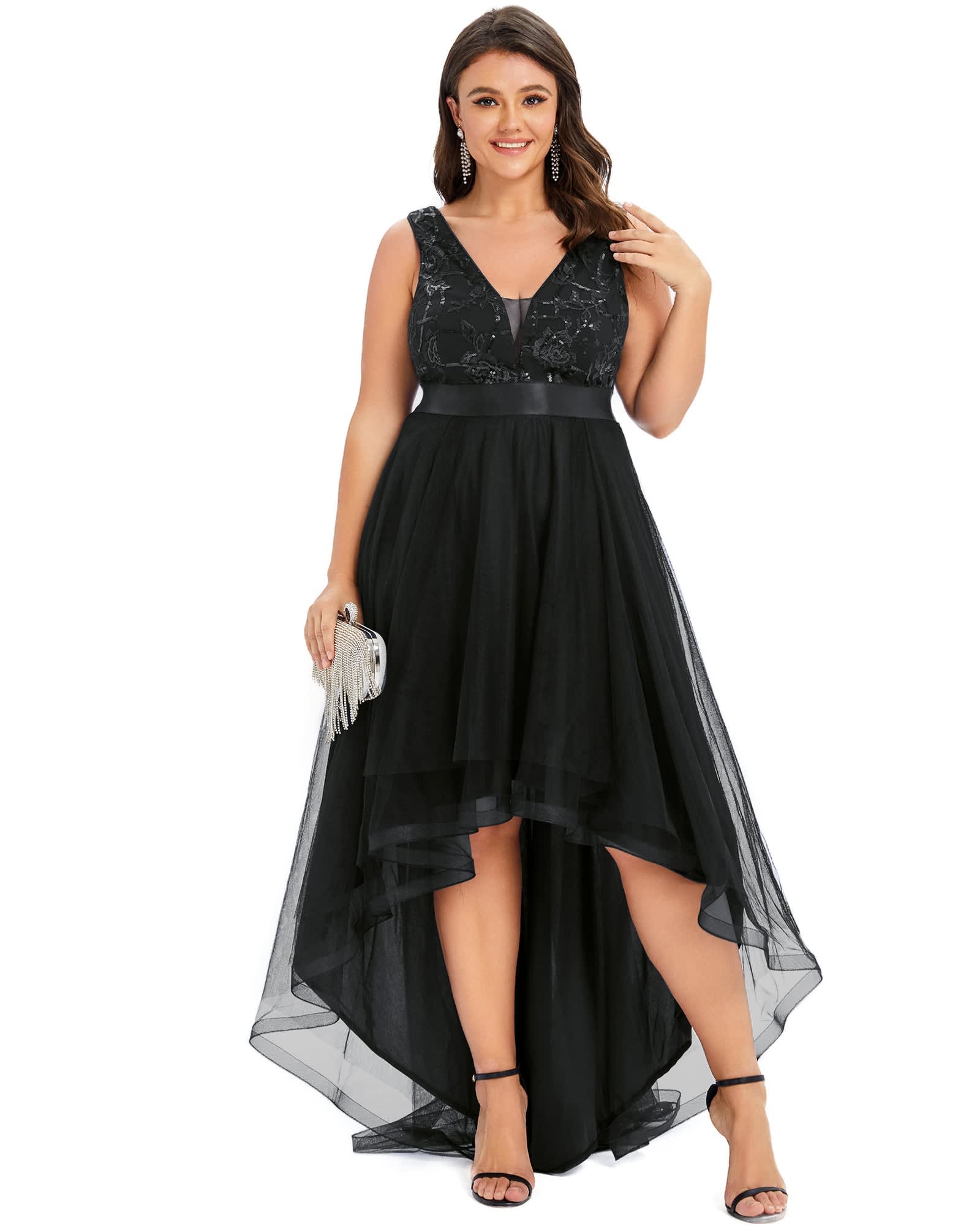 Sleeveless V-back Tulle High-Low Sequin Appliques Evening Dresses | Black