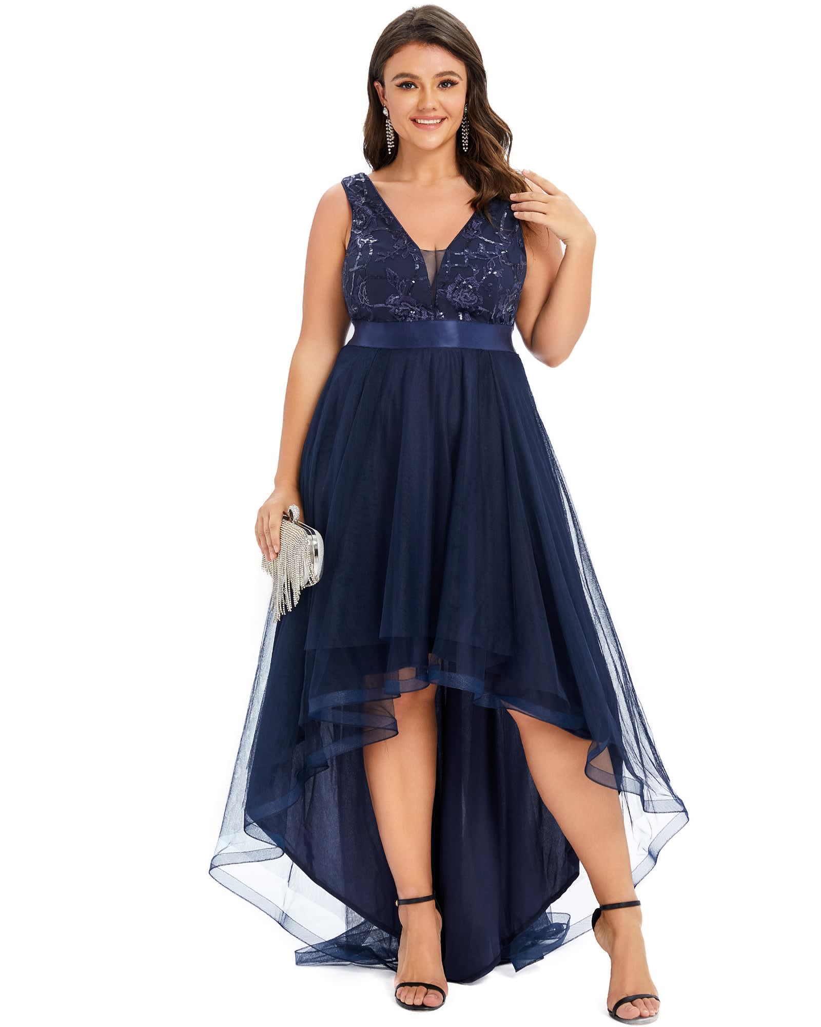 Sleeveless V-back Tulle High-Low Sequin Appliques Evening Dresses | Navy Blue