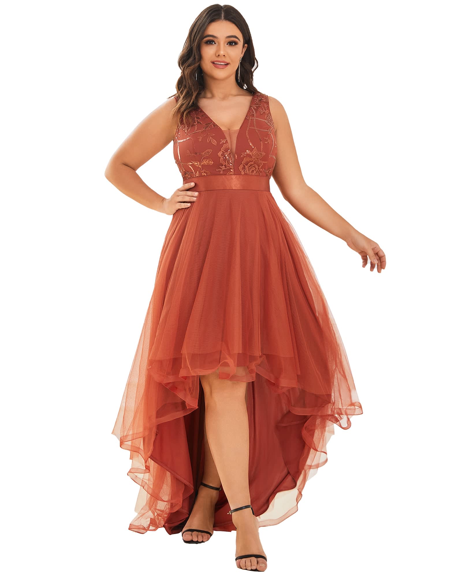 Sleeveless V-back Tulle High-Low Sequin Appliques Evening Dresses | Burnt Orange