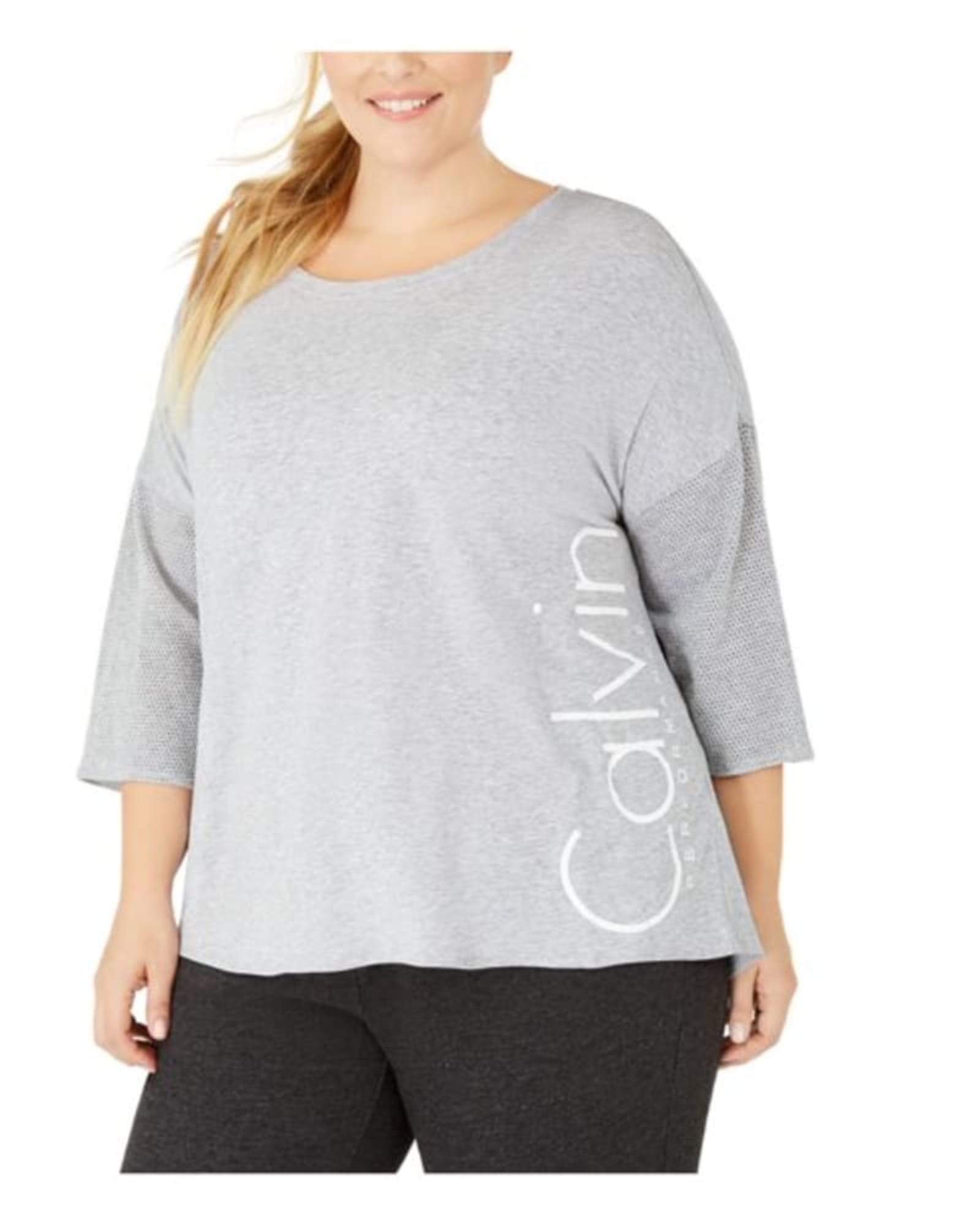 Calvin Klein Women's Gray Solid 3/4 Sleeve Jewel Neck Top Plus Size 1X | Gray