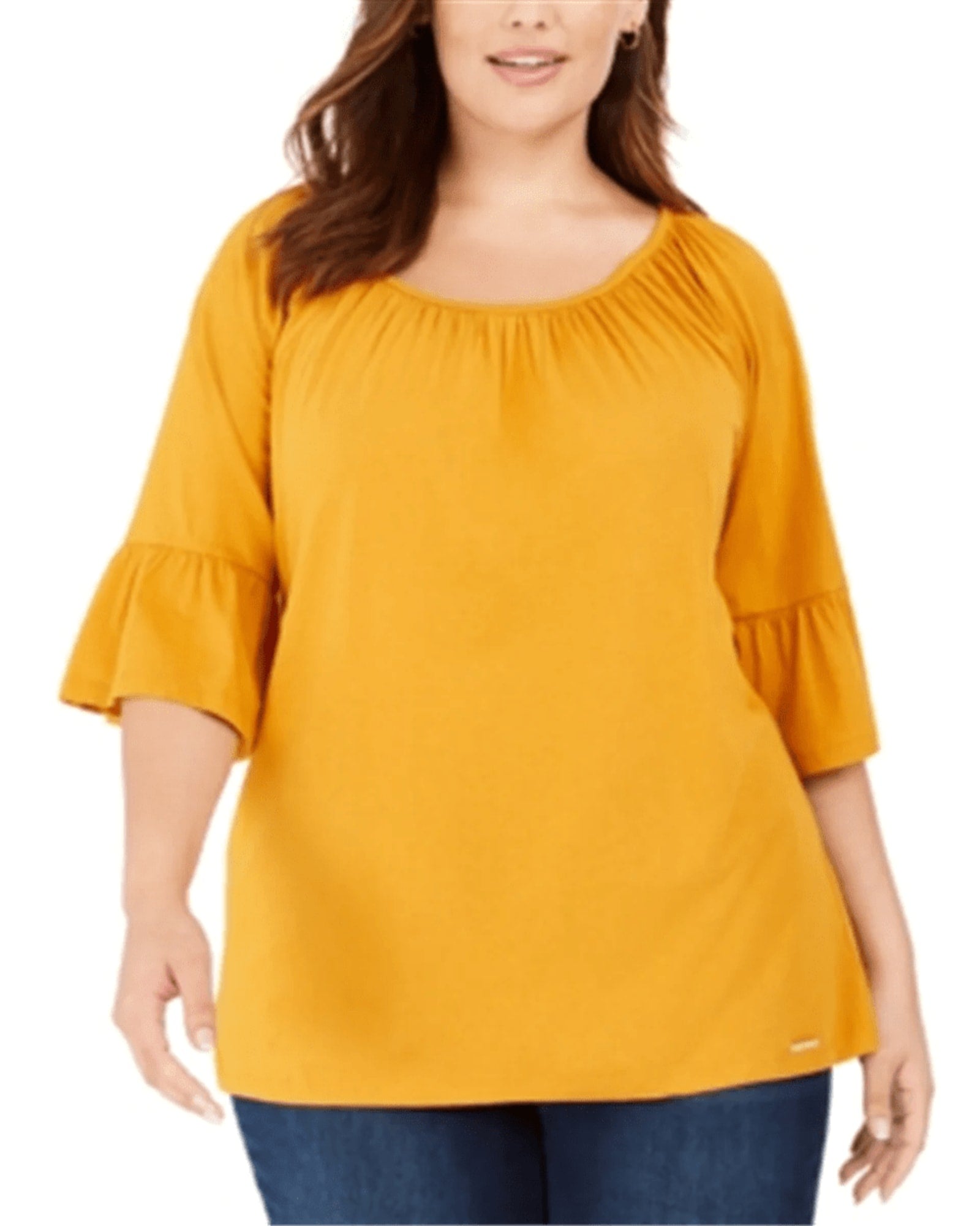 Michael Kors Women's Plus Gathered Sleeve Peasant Top Yellow Size 0X | Yellow