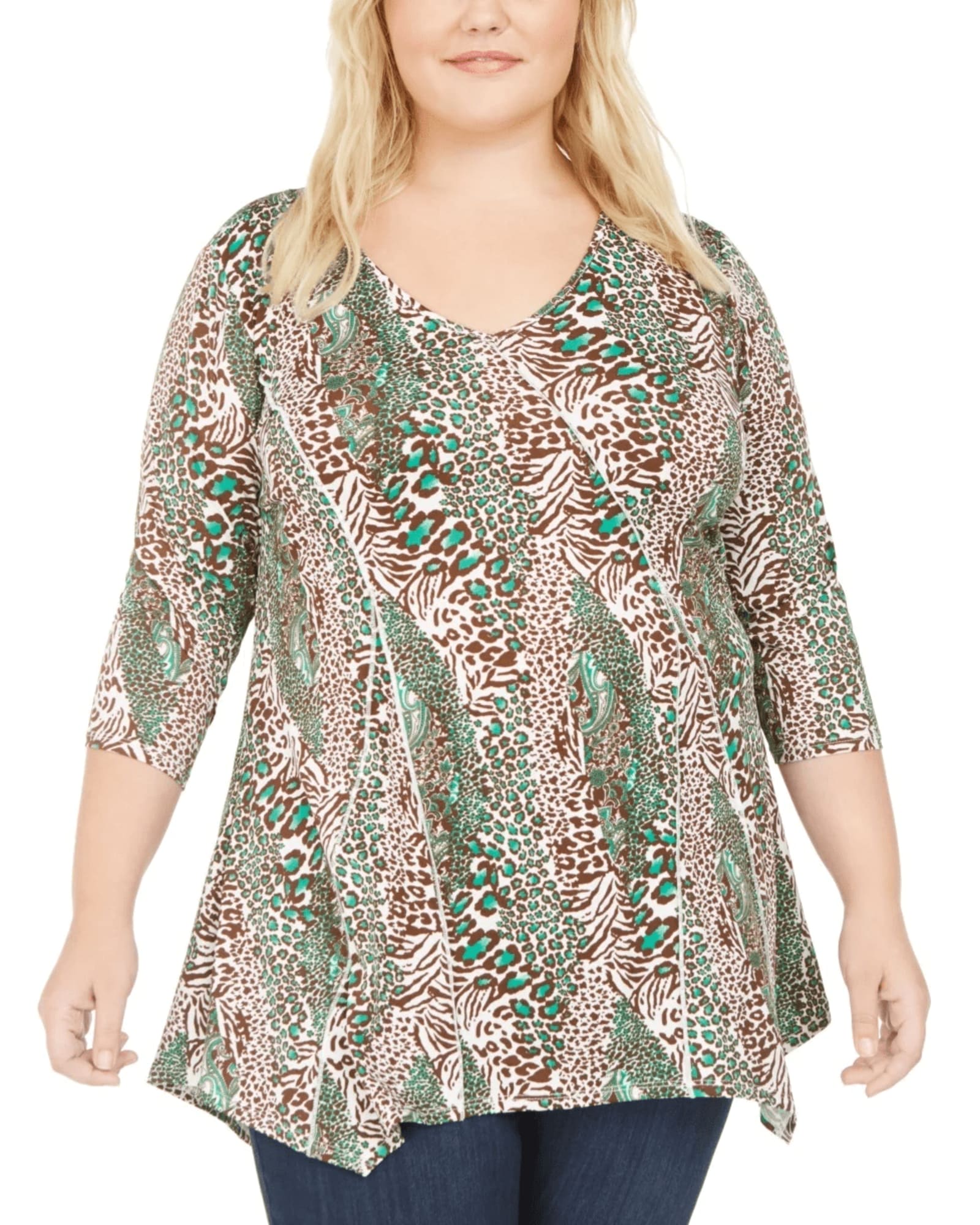 NY Collection Women's Plus Size Printed Handkerchief-Hem Top Green Size 1X | Green