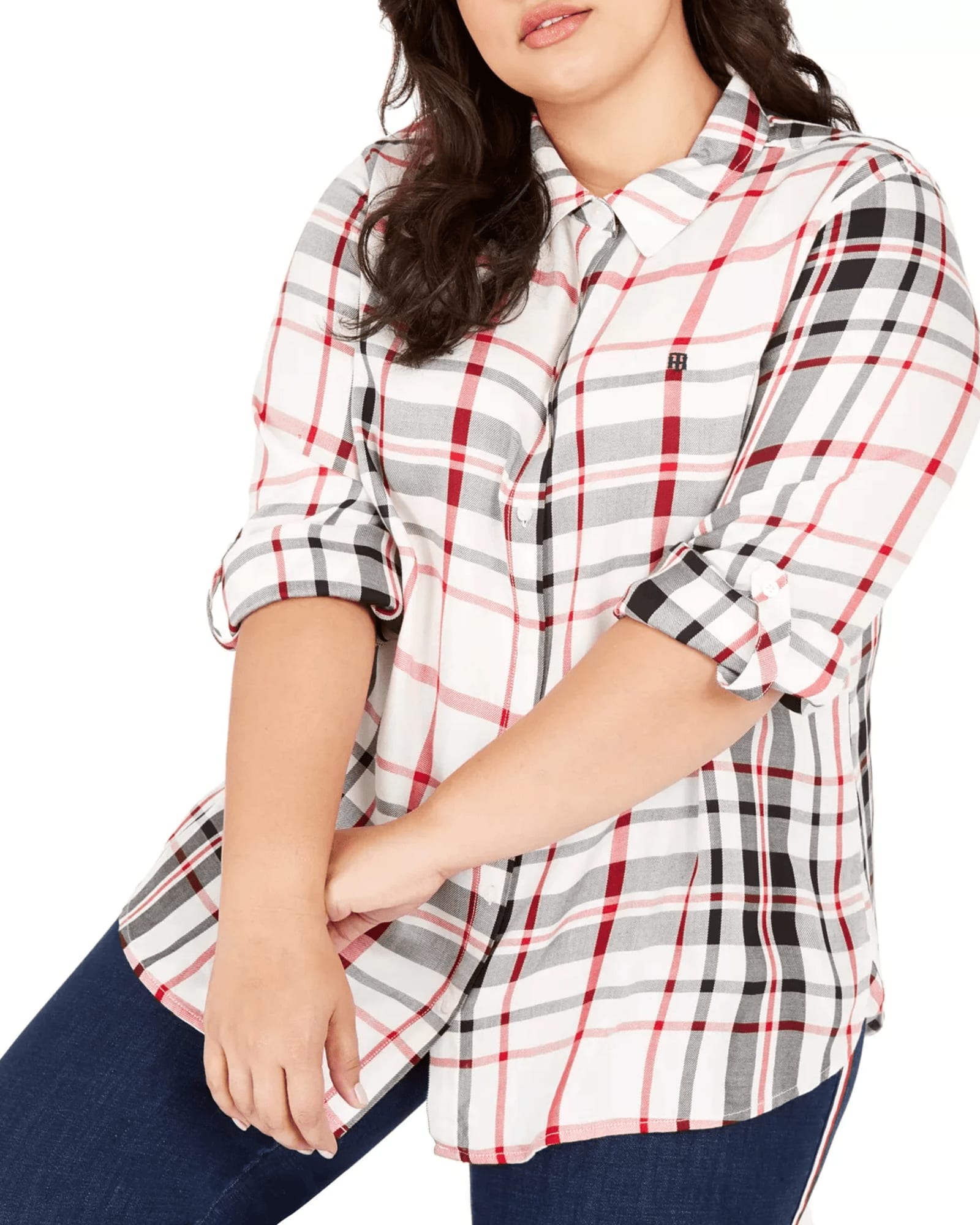 Tommy Hilfiger Women's Plus Size Plaid Button-Front Roll-Tab-Sleeve Top Red Size 0X | Red
