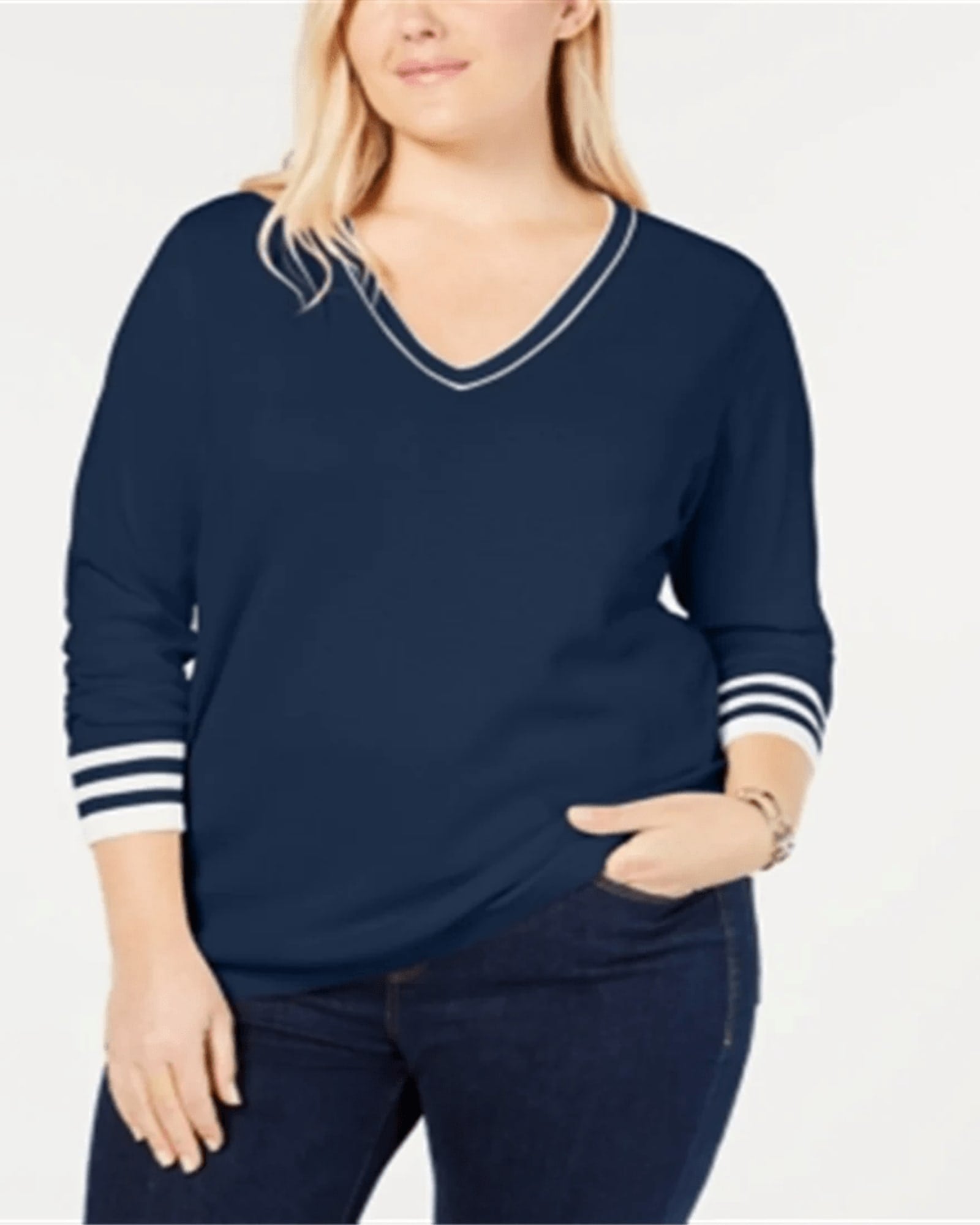 Tommy Hilfiger Women's Long Sleeve V Neck Top Plus Blue Size 0X | Blue
