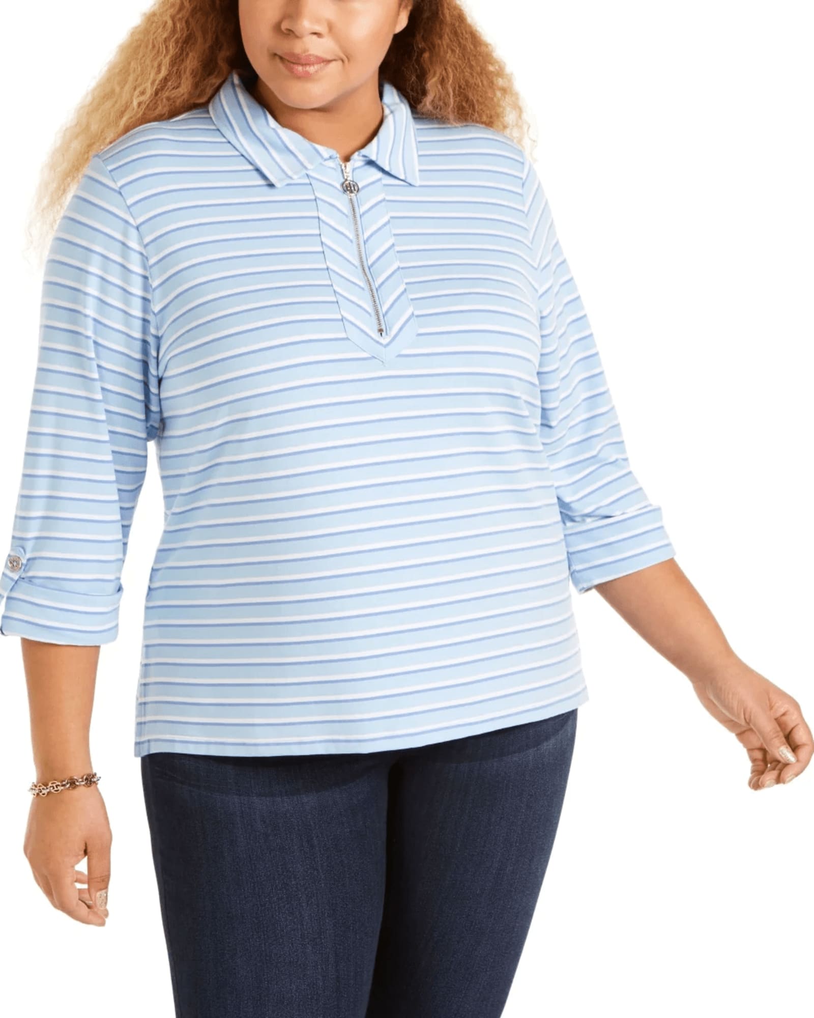 Tommy Hilfiger Women's Plus Size Smalltriped Zip-Neck Top Blue Size 1X | Blue