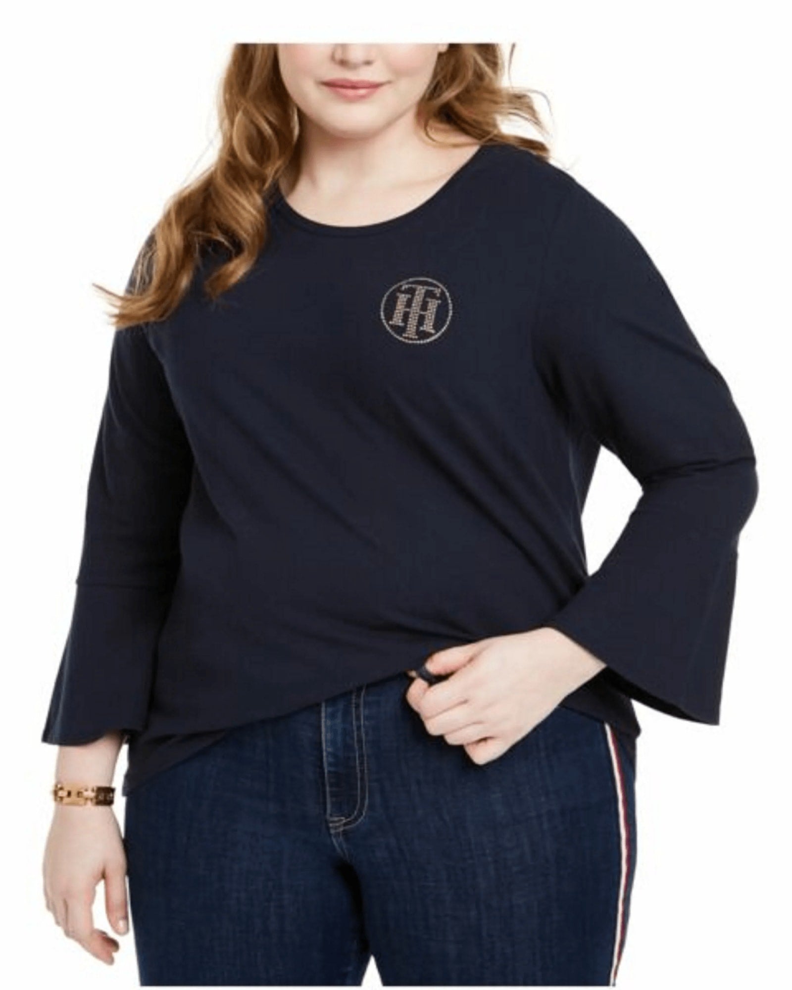 Tommy Hilfiger Women's Plus Size Embellished Bell-Sleeve Top  Blue Size 1X | Blue