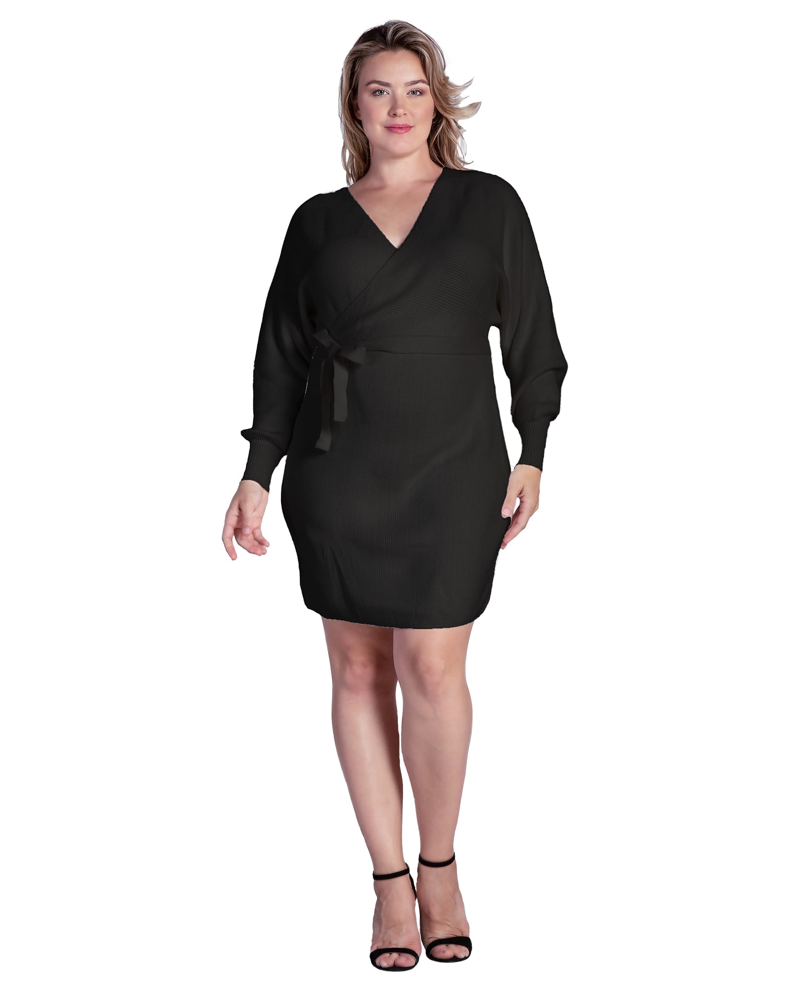 Women's Plus Size V-Back Full Sleeve Sweater Knit Mini Dress | Black