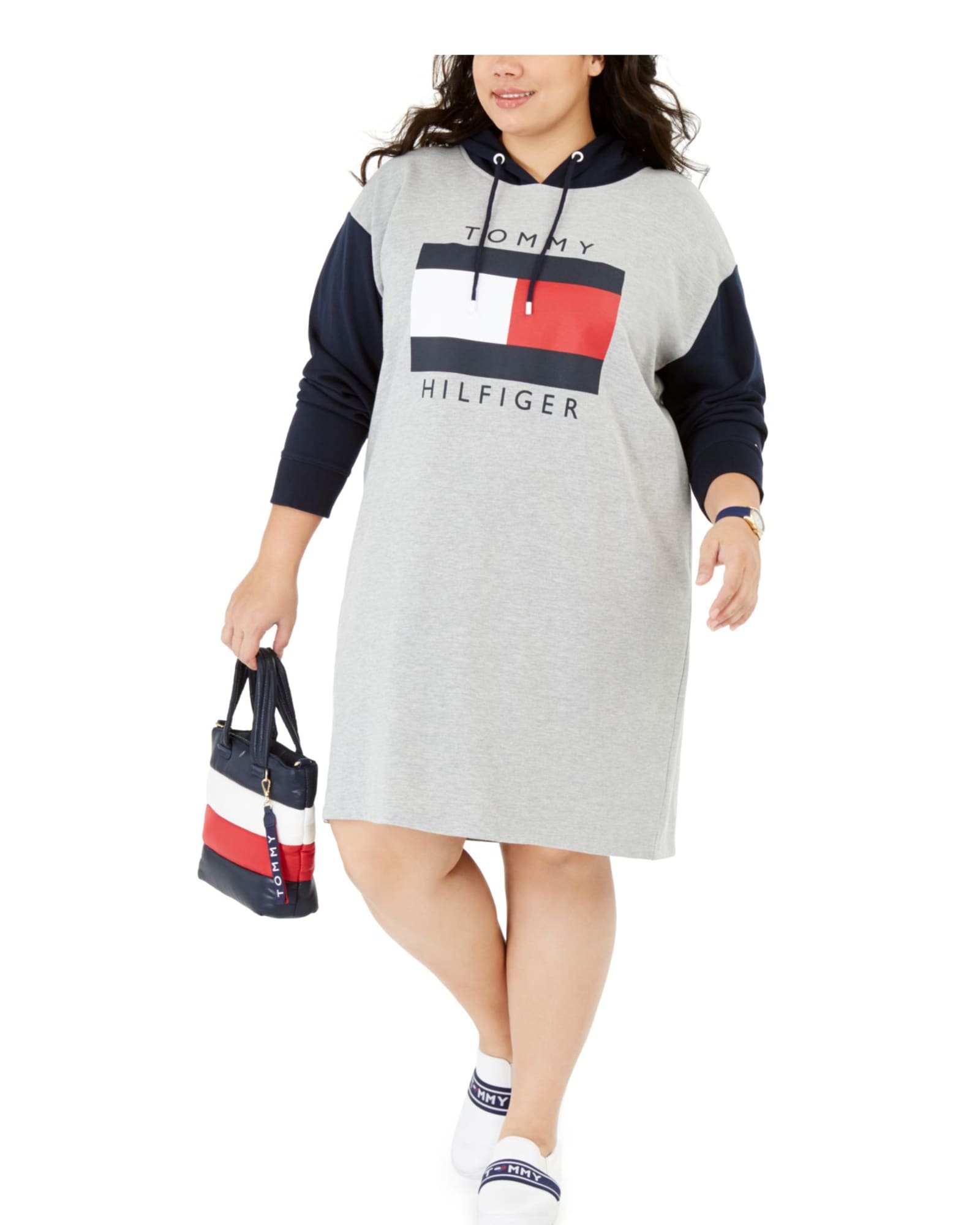 Tommy Hilfiger Women's Plus Size Colorblocked Hoodie Sweatshirt Dress Gray Size 0X | Gray