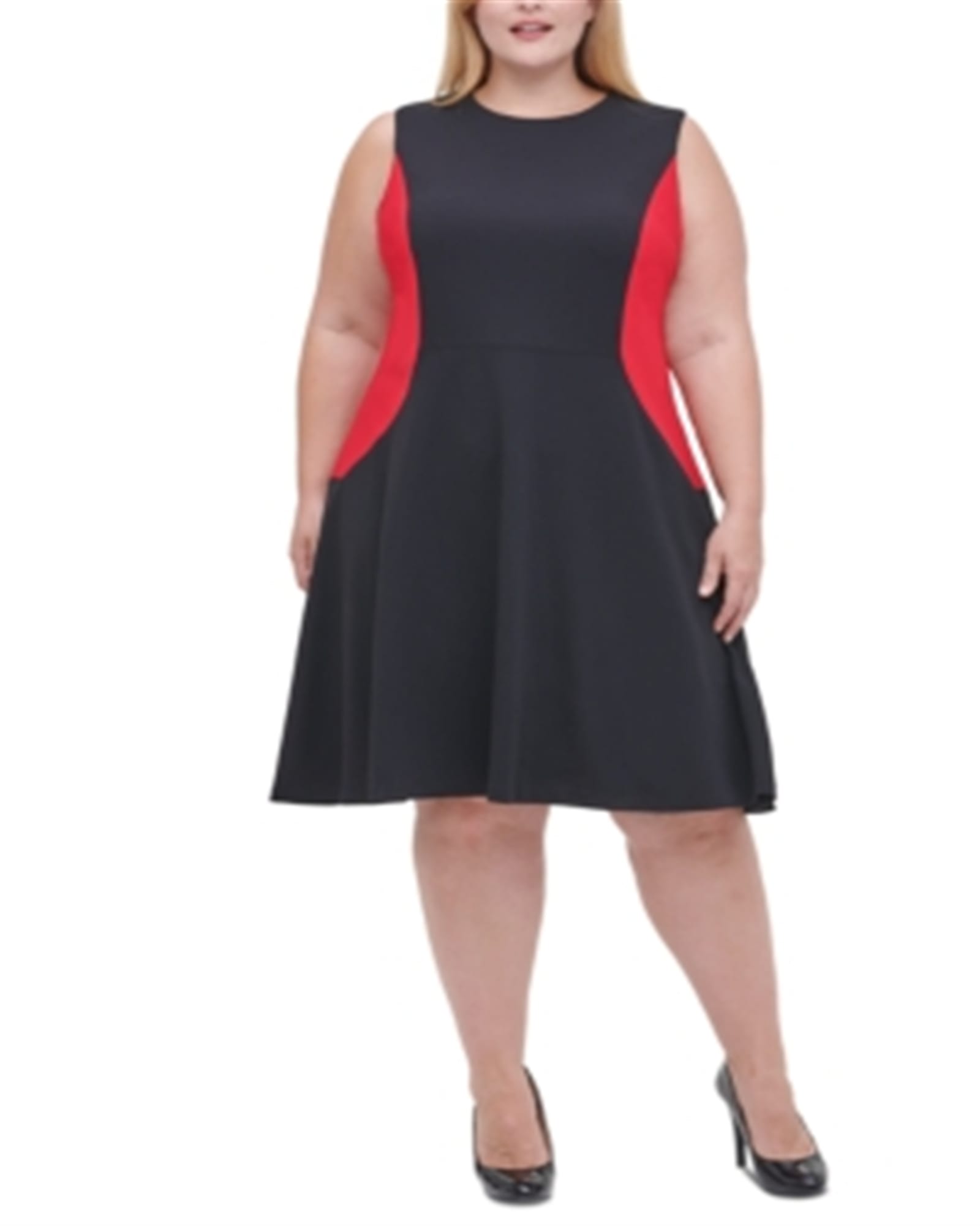 Tommy Hilfiger Women's Plus Colorblocked Fit & Flare Dress Black-Red Size 14W | Black