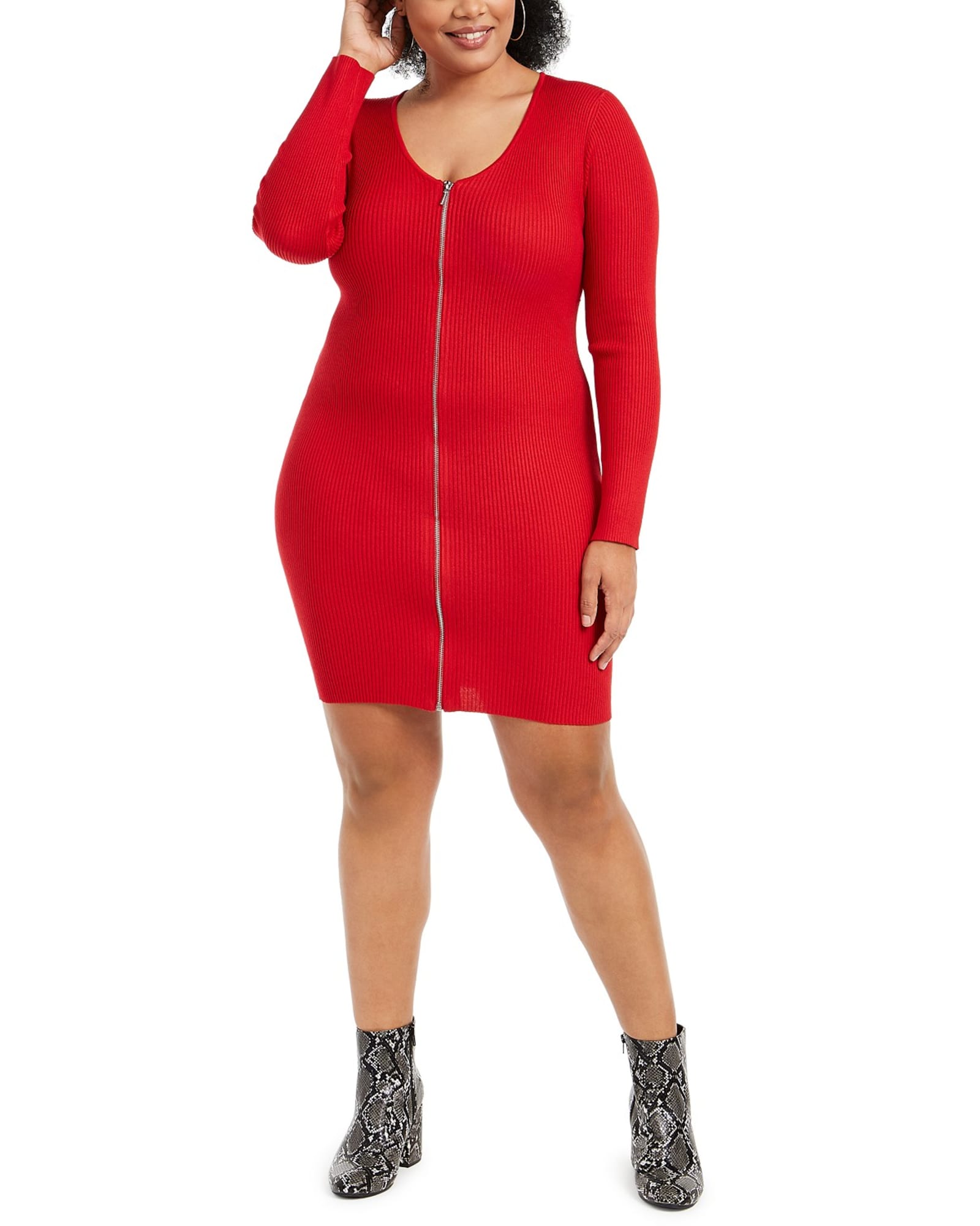 Planet Gold Women's Plus Size Trendy Zip-Front Sweater Dress Red Size 1X | Red