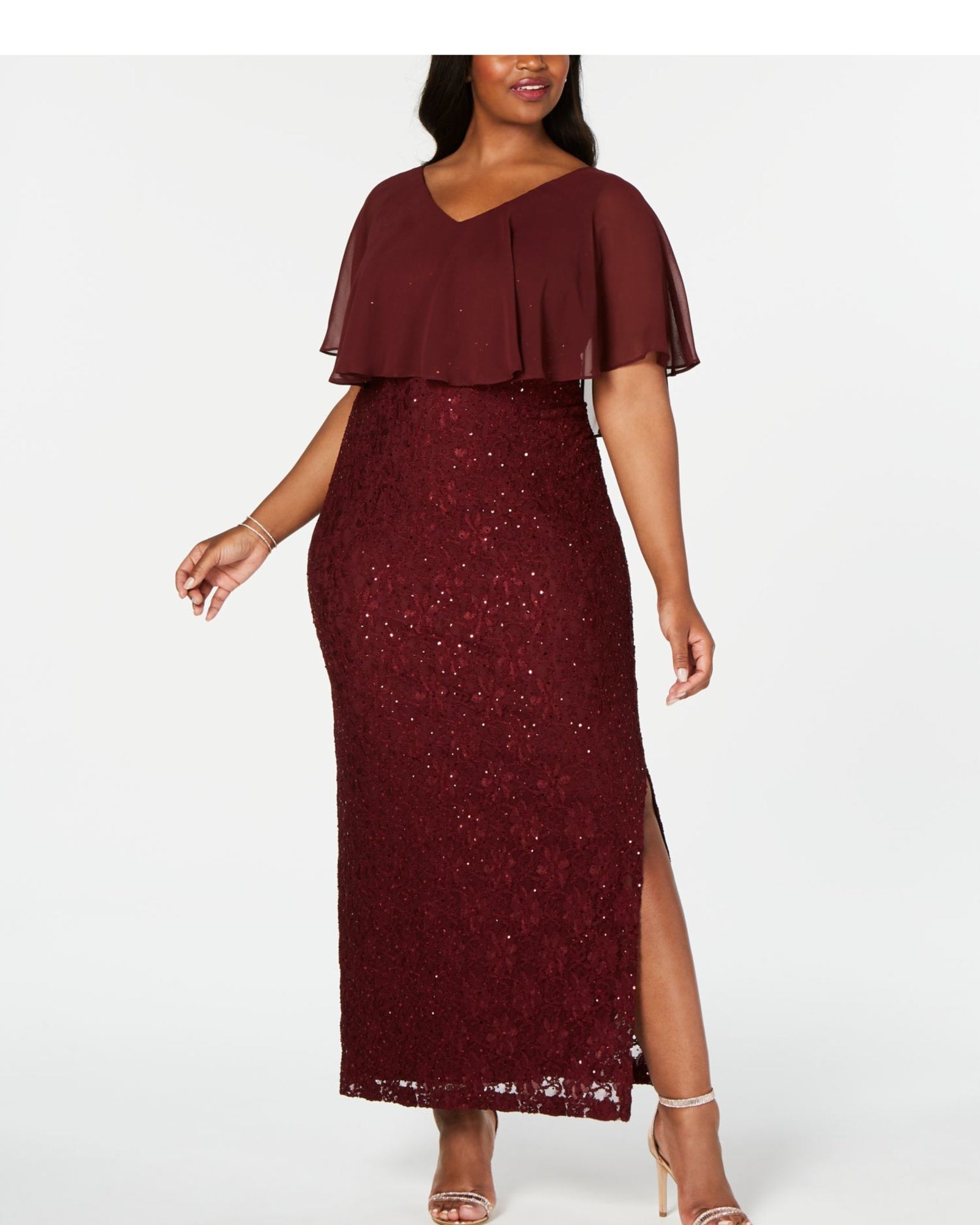 Connected Apparel Women's  Slitted Lace Short Sleeve V Neck Maxi Formal Sheath Dress Plus Burgundy Size 16W | Purple