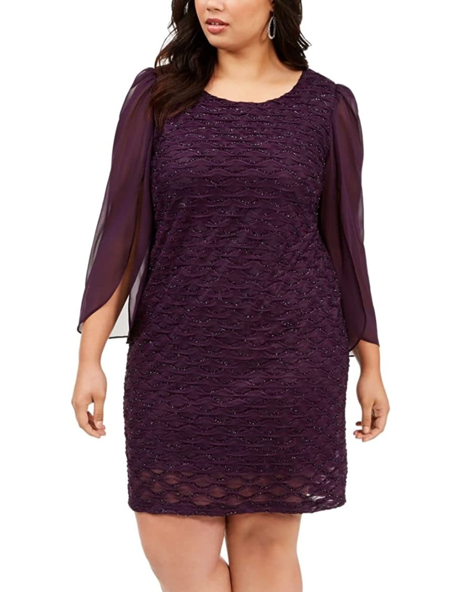 Connected Women's  Plus Size Jacquard Tulip-Sleeve Dress Purple Size 24W | Purple