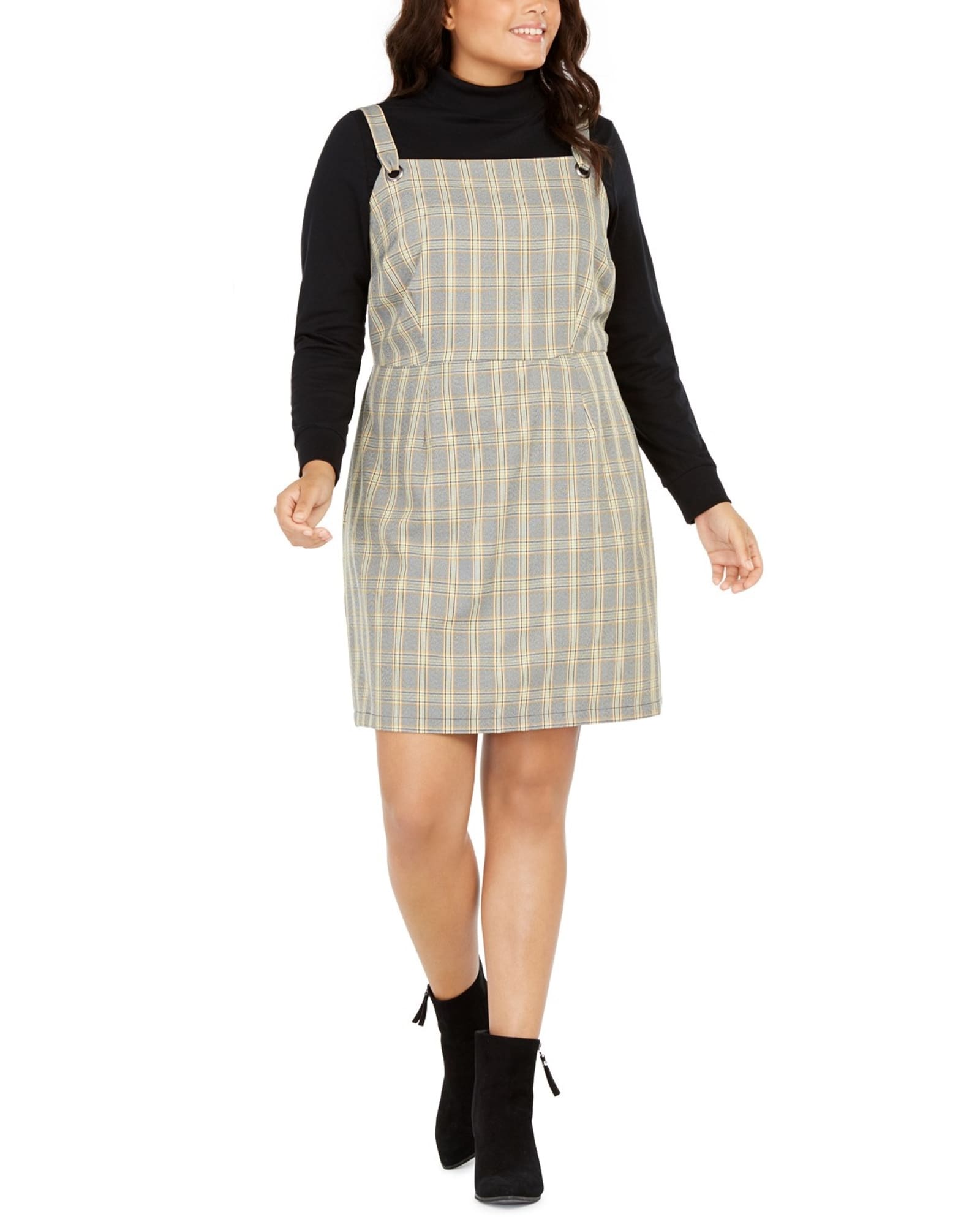 Be Bop Women's Trendy Plus Size Plaid Jumper Dress Yellow Size 1X | Yellow