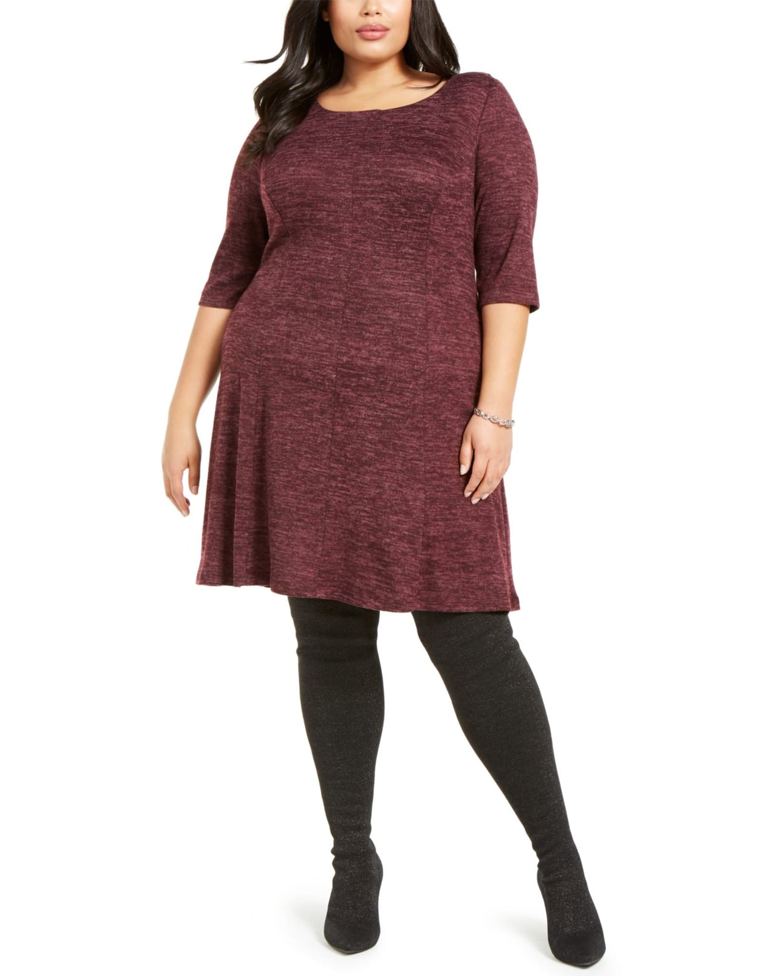 Connected Women's 3/4 Sleeve Plus Sweater Dress Purple Size 14W | Purple