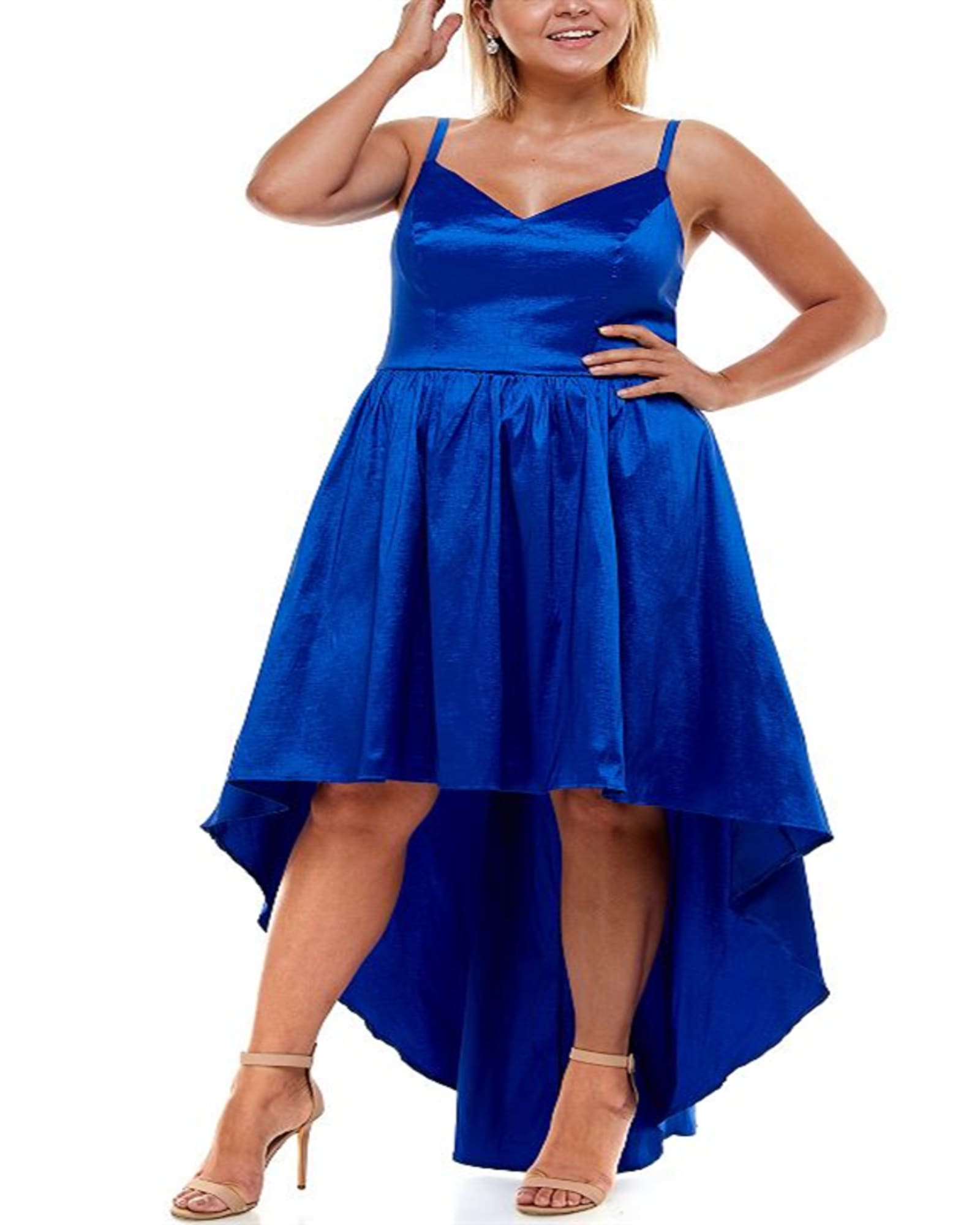B Darlin Women's Zippered Spaghetti Strap V Neck Above the Knee Party Hi Lo Dress Plus Blue Size 16W | Blue
