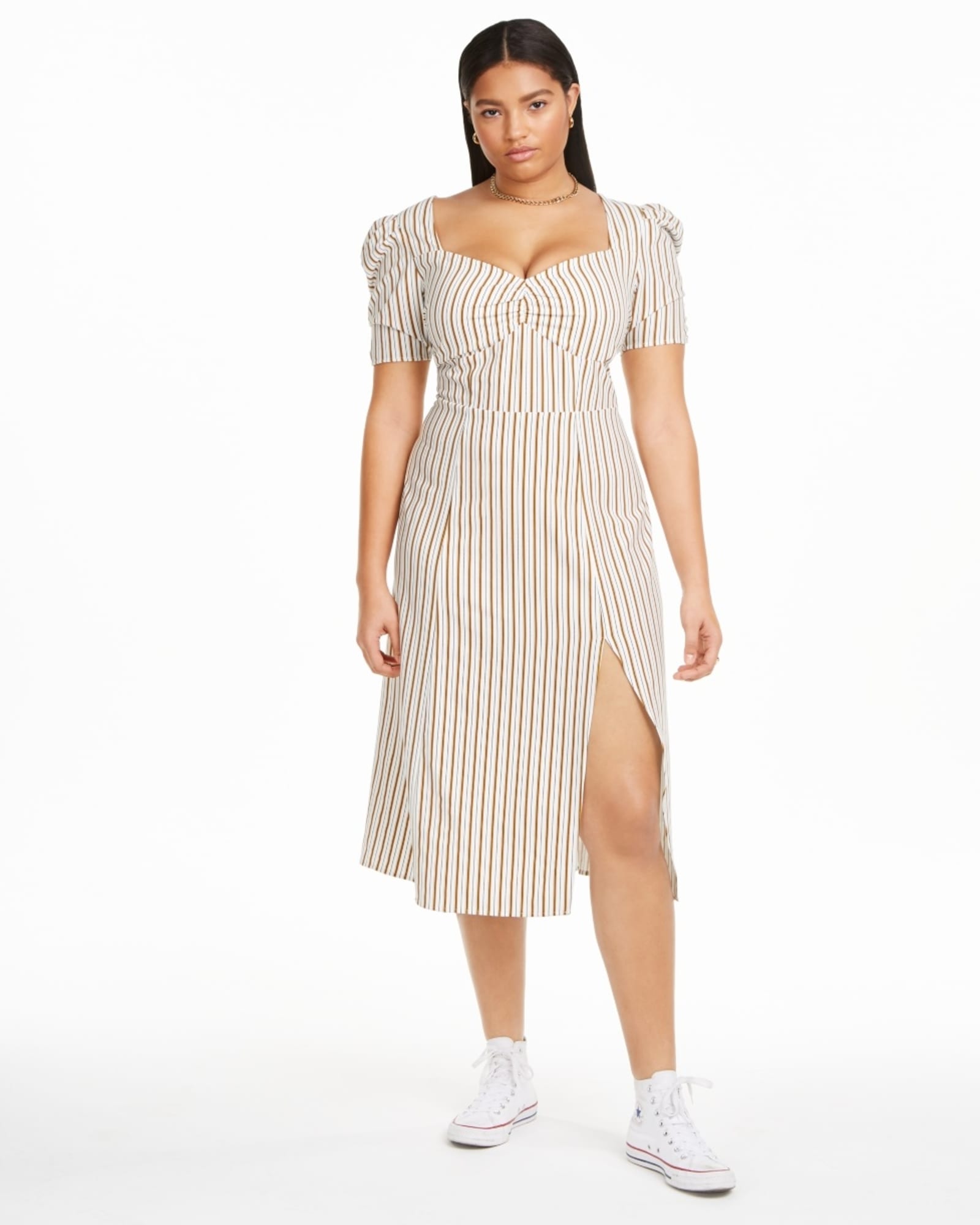 White Vertical Stripe V Neck Midi Dress