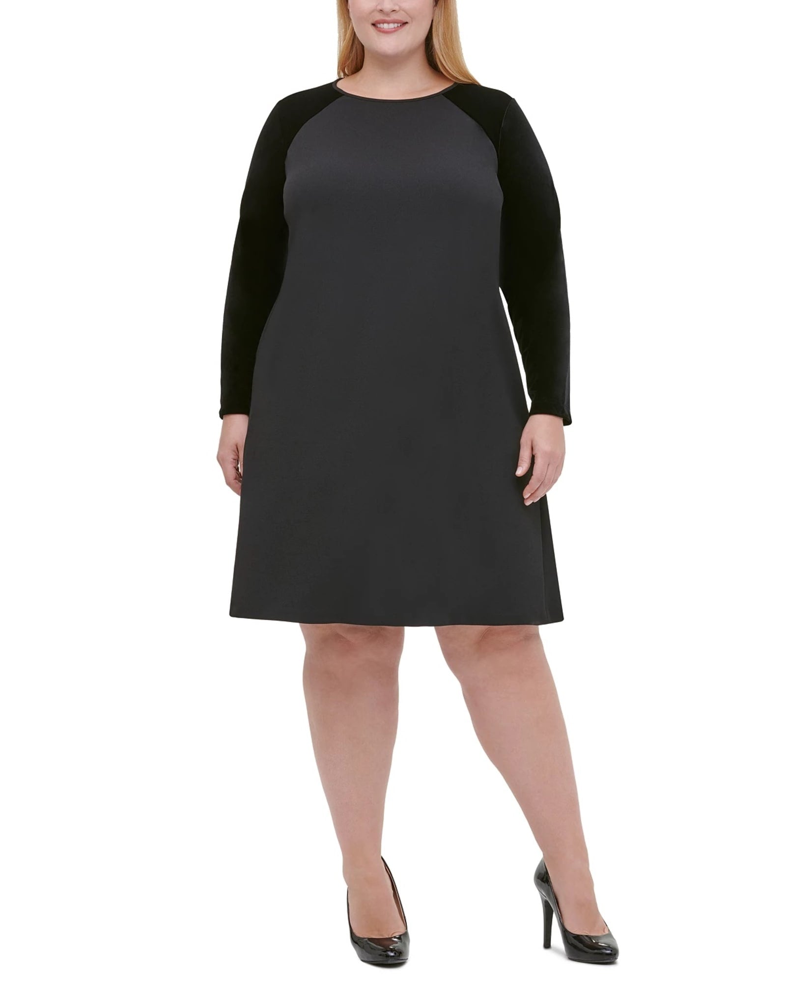 Tommy Hilfiger Women's Plus Size Velvet-Sleeve A-Line Dress Black Size 16W | Black