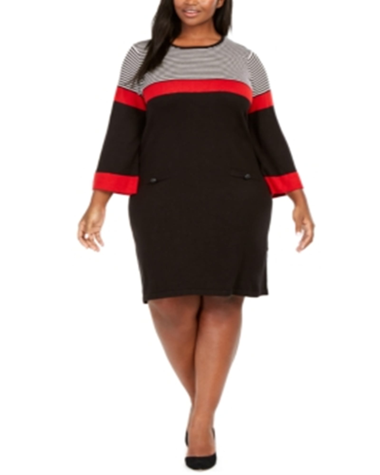 Jessica Howard Women's Plus Size Striped Sweater Dress Black Size 1X | Black