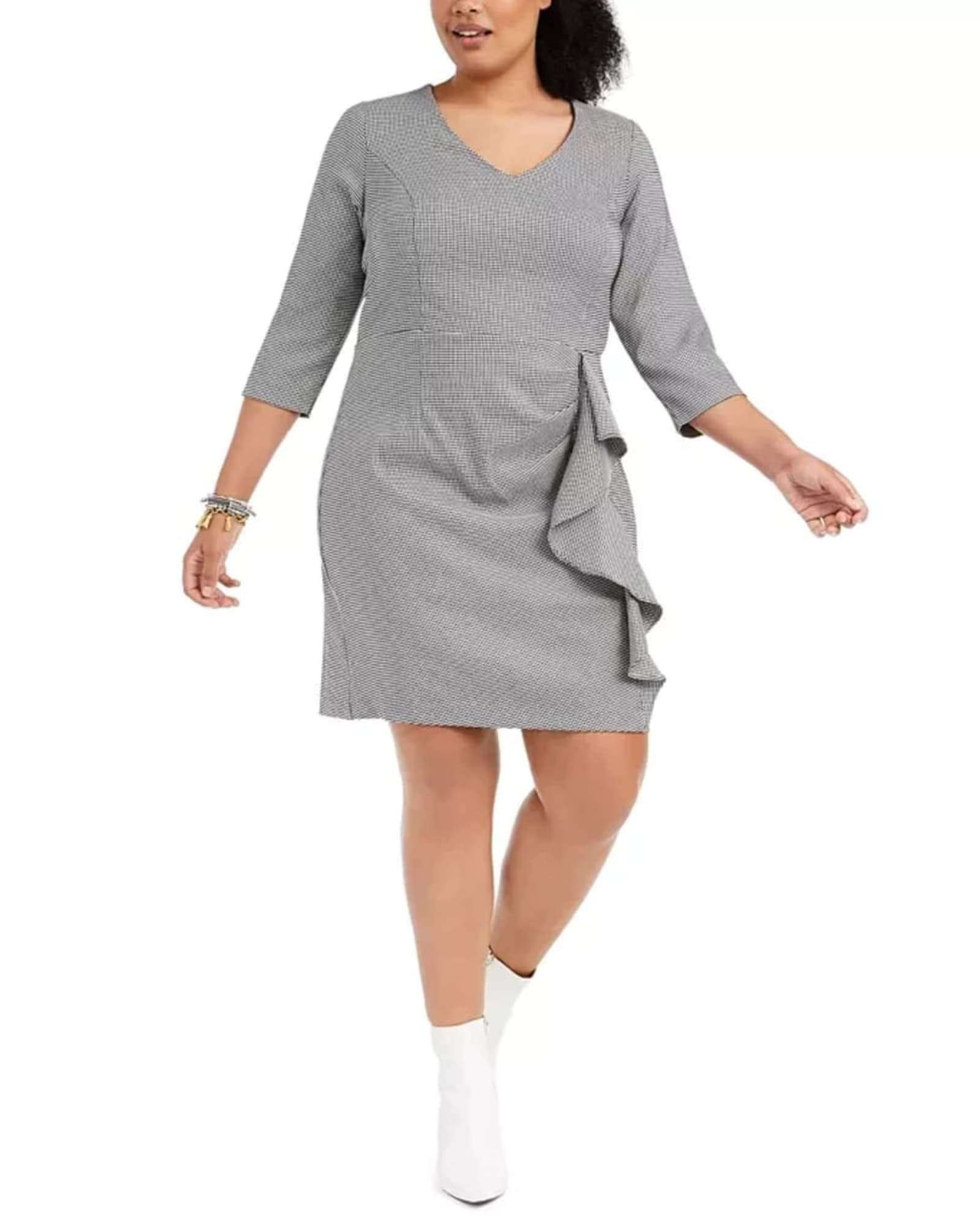Betsey Johnson Women's Trendy Plus Size Ruffled Houndstooth Sheath Dress Gray Size 22W | Gray