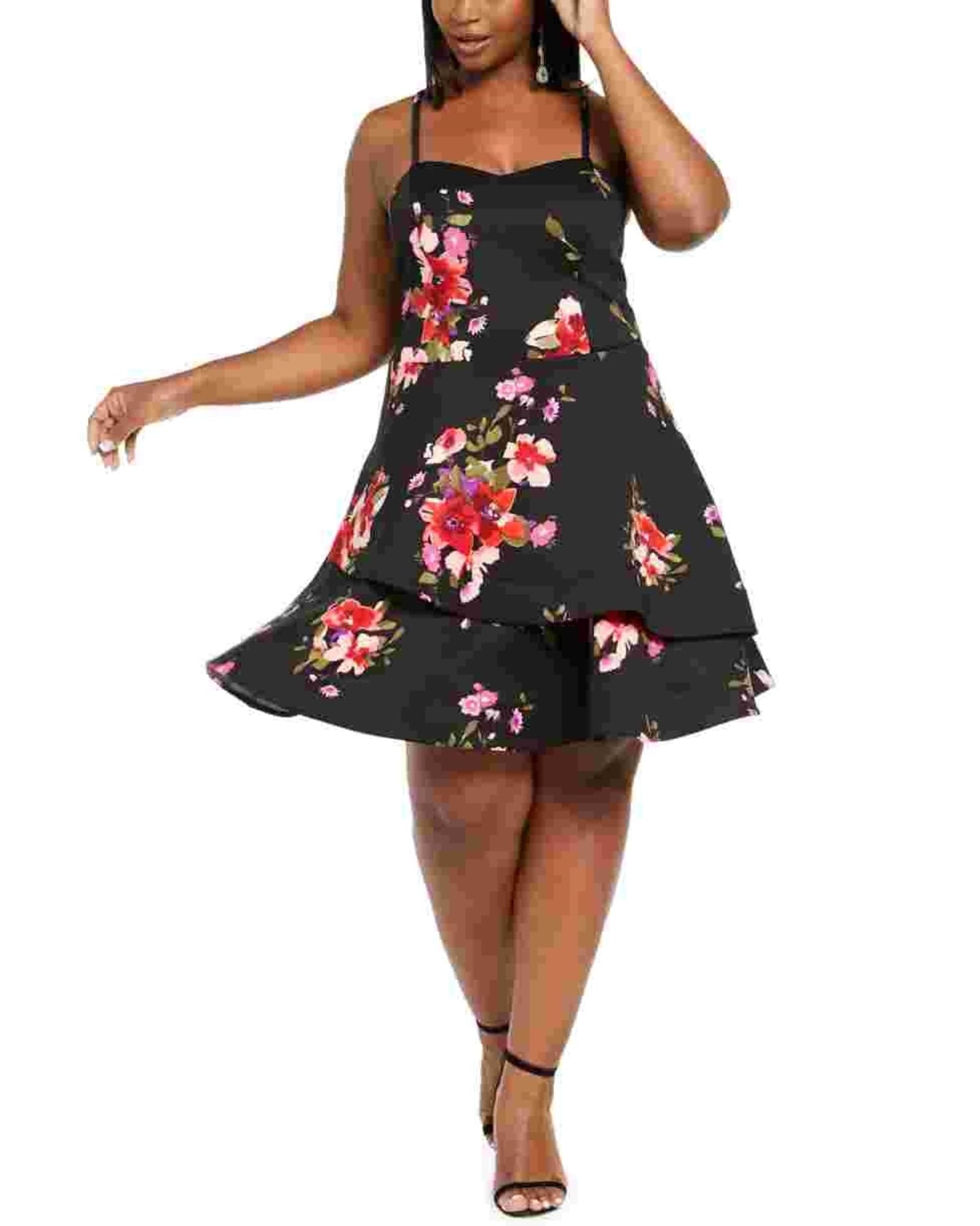 Sequin Hearts Women's Trendy Plus Size Floral Fit & Flare Dress Red Size 16 | Red