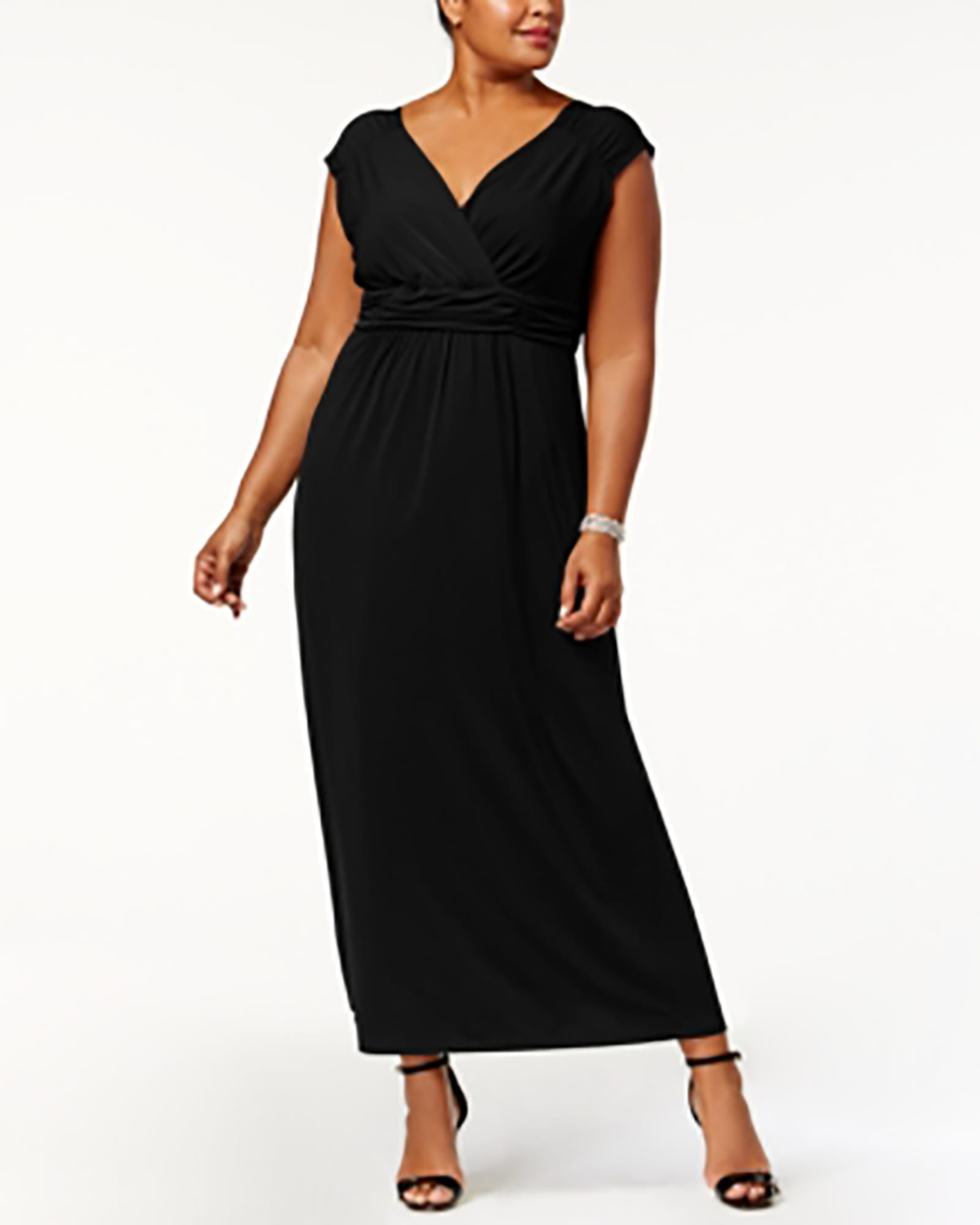 NY Collection Women's Plus Ruched Empire Maxi Dress Black Size 1X | Black